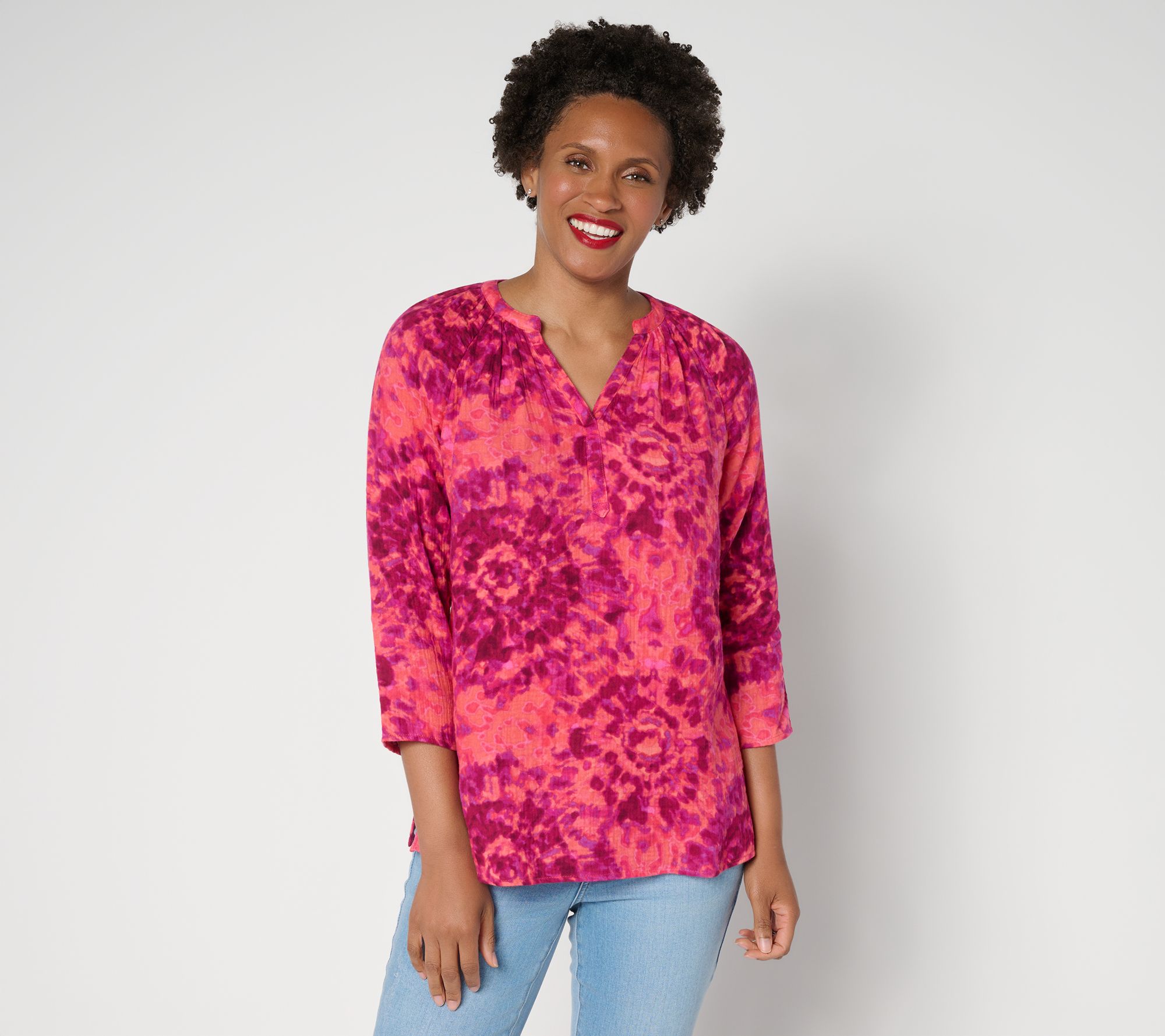 Belle by Kim Gravel Summer Sunset Cotton Gauze Tie Dye Henley