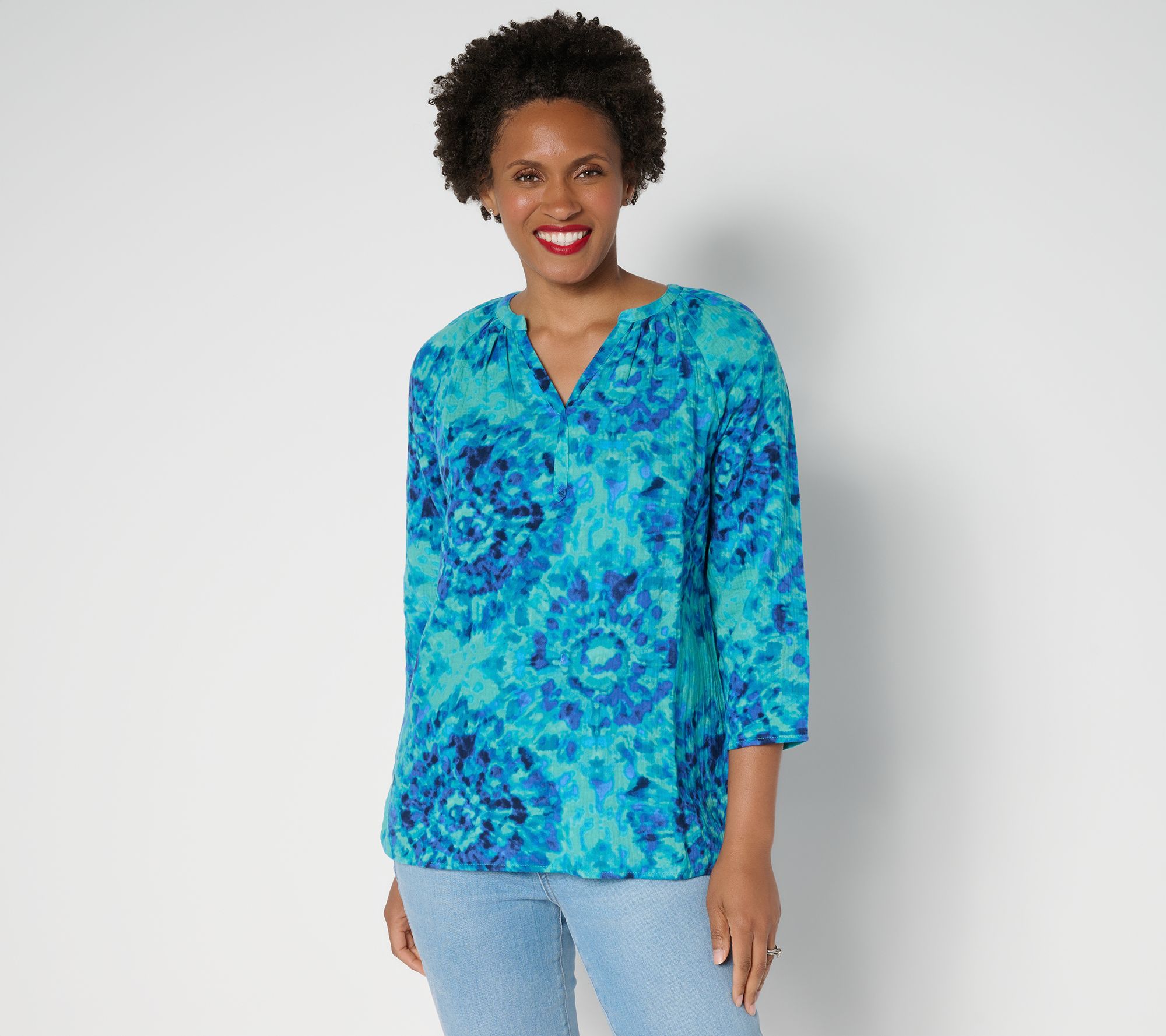 Belle by Kim Gravel Summer Sunset Cotton Gauze Tie Dye Henley