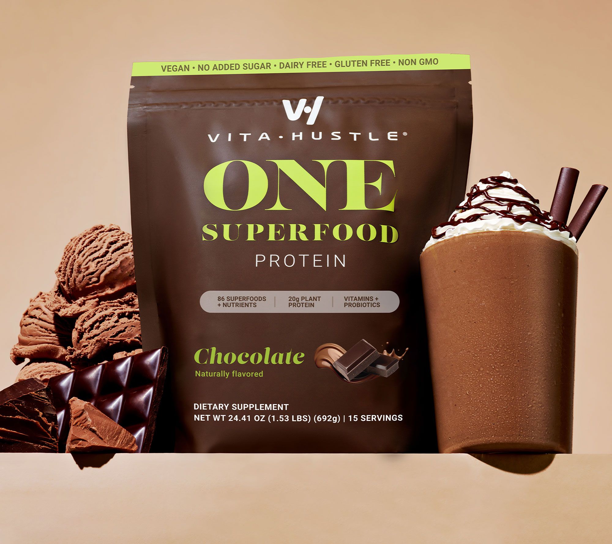 VitaHustle ONE Superfood Plant-Based Protein Shake 15-Servings