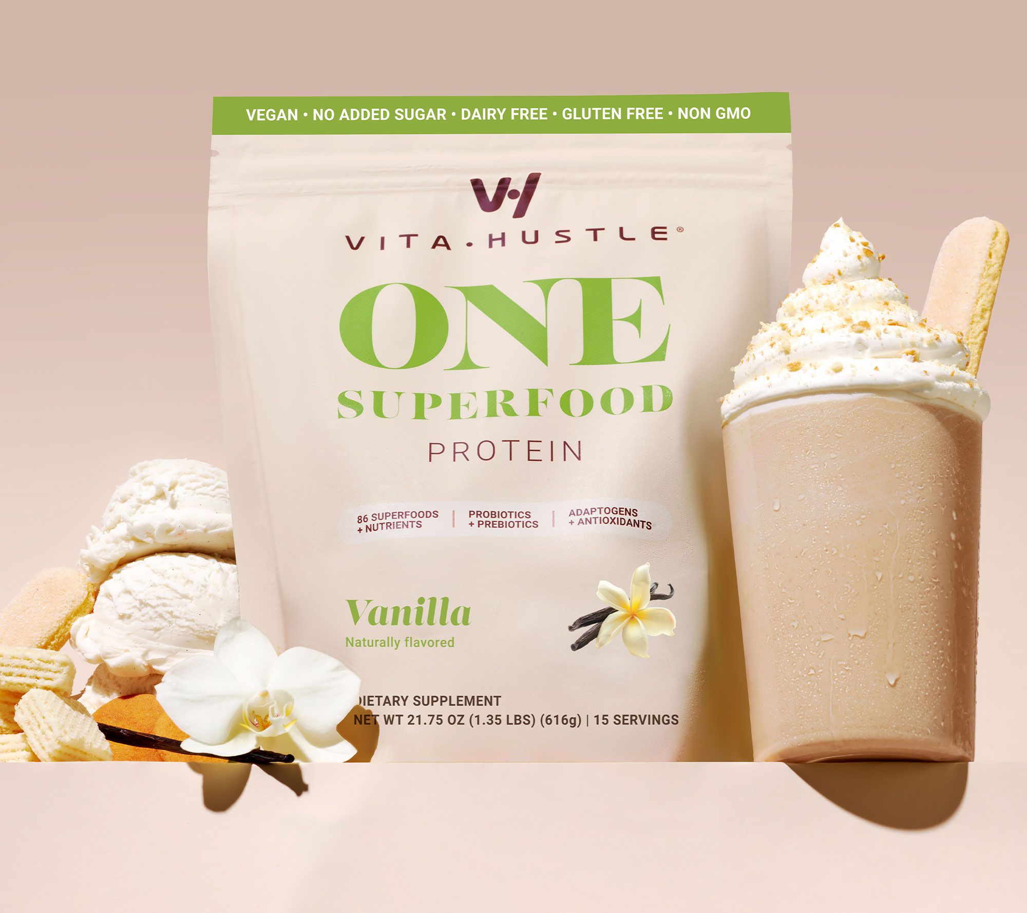VitaHustle ONE Superfood Plant-Based Protein Shake 15-Servings
