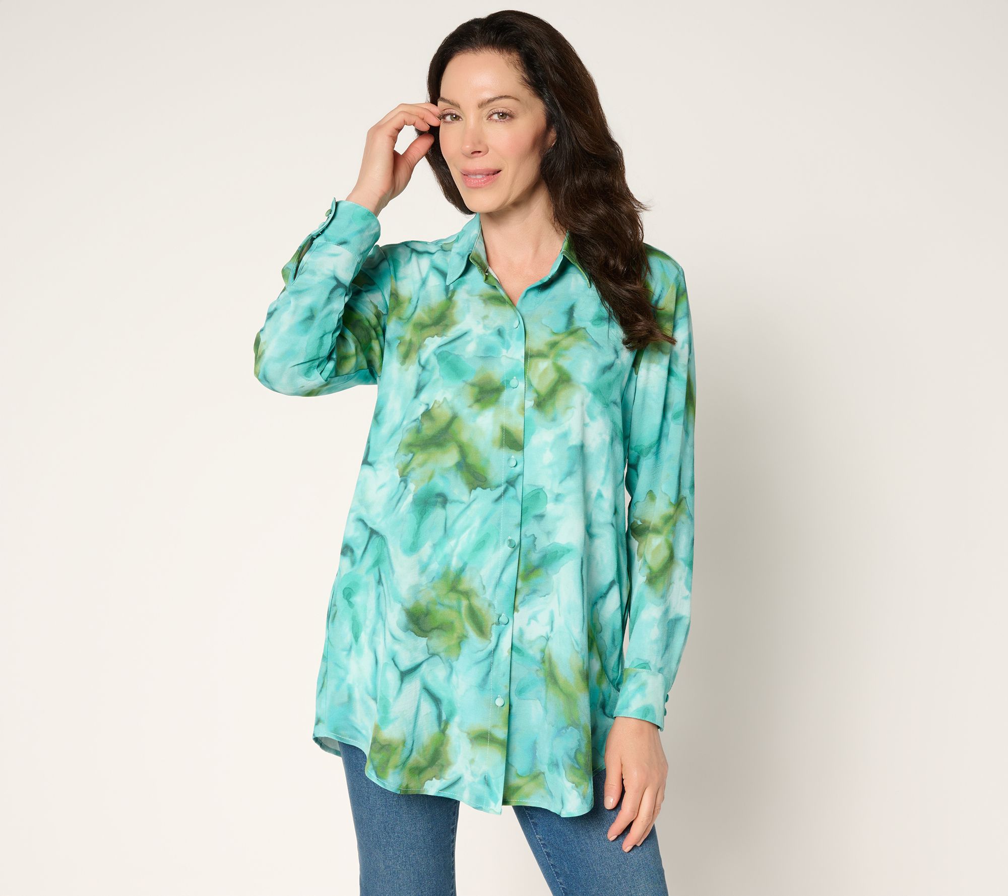 Susan Graver Printed Regular Textured Woven Button Front Duster