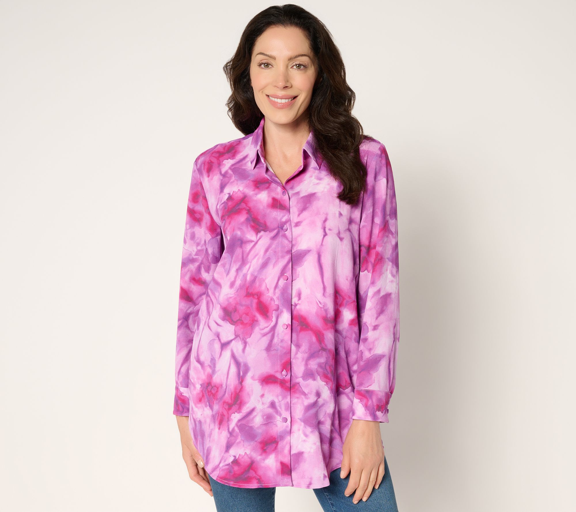 Susan Graver Printed Regular Textured Woven Button Front Duster