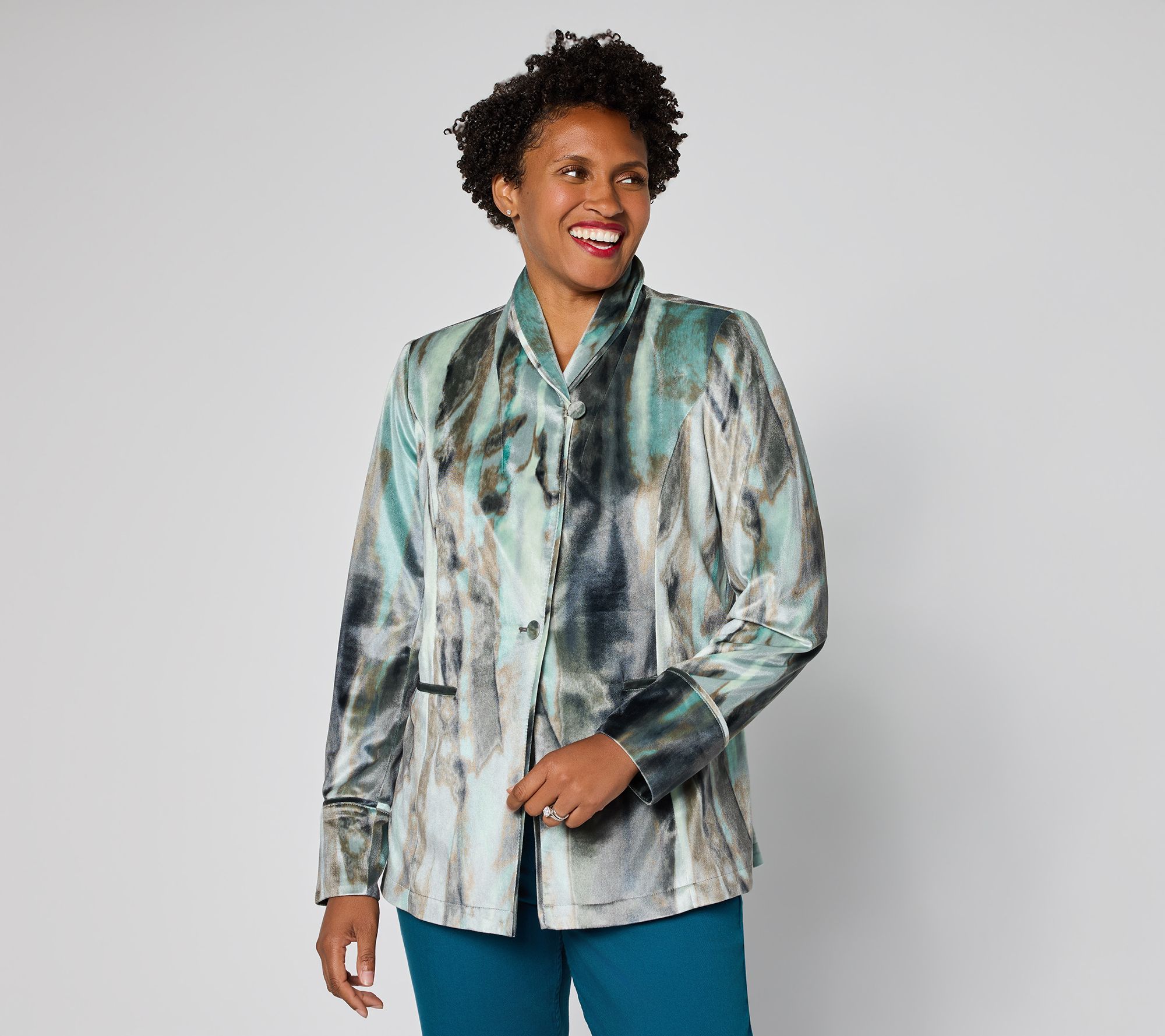 LOGO by Lori Goldstein Printed Velvet Shawl Collar Blazer