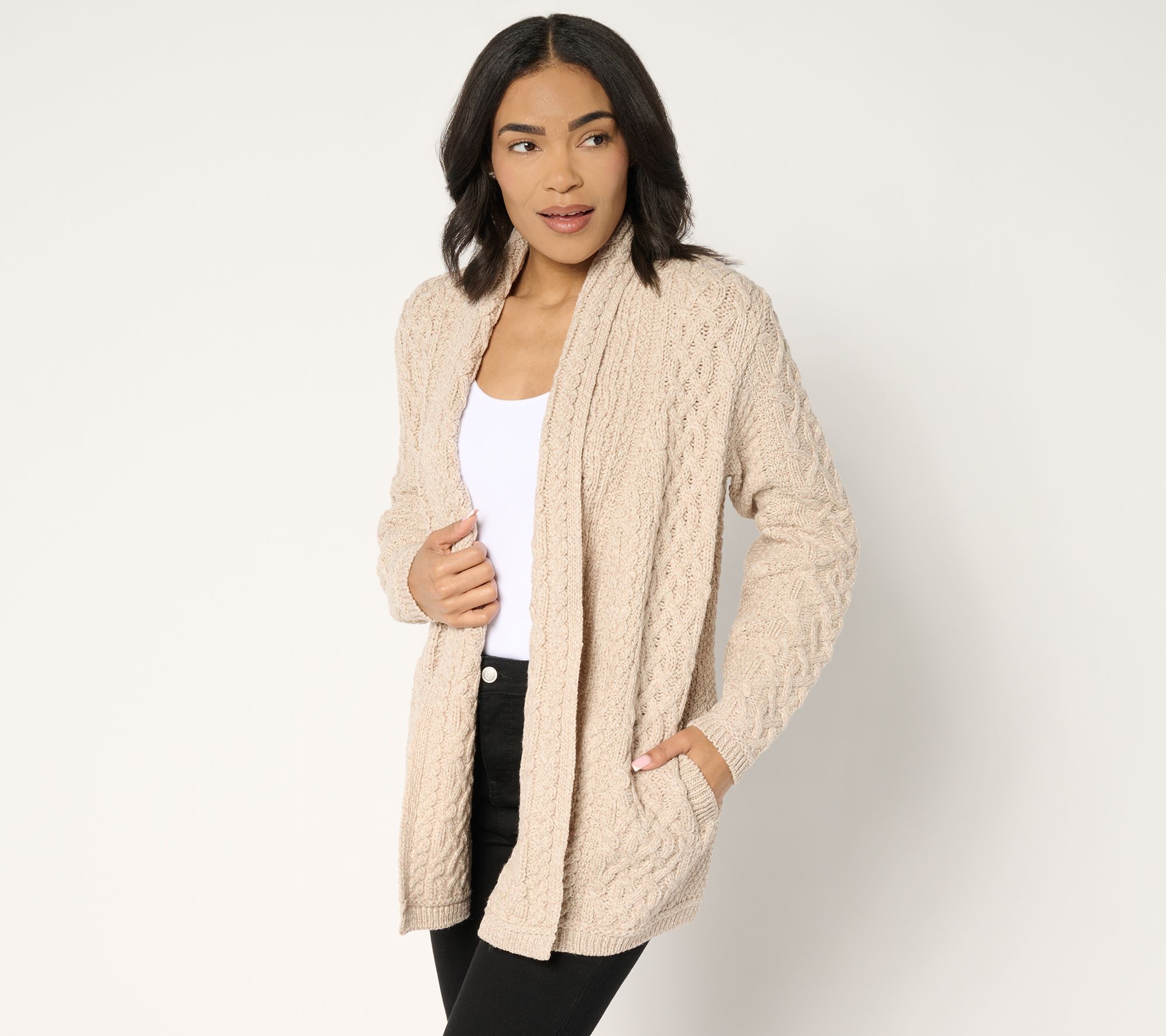 "As Is" Aran Crafts Merino Wool Open Front Cardigan