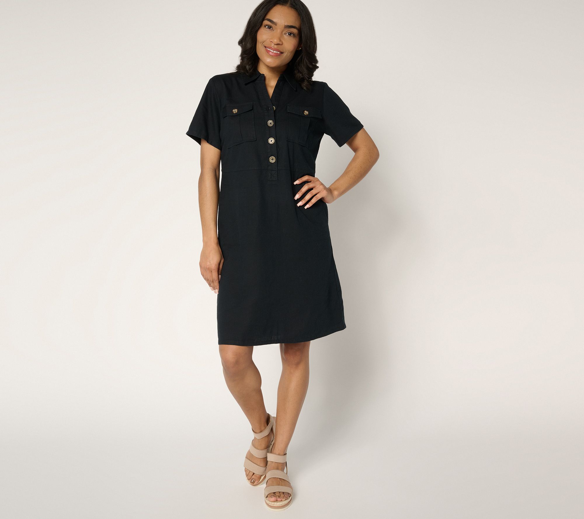 "As Is" Denim & Co. Regular Linen Blend Print or Solid Henley Dress