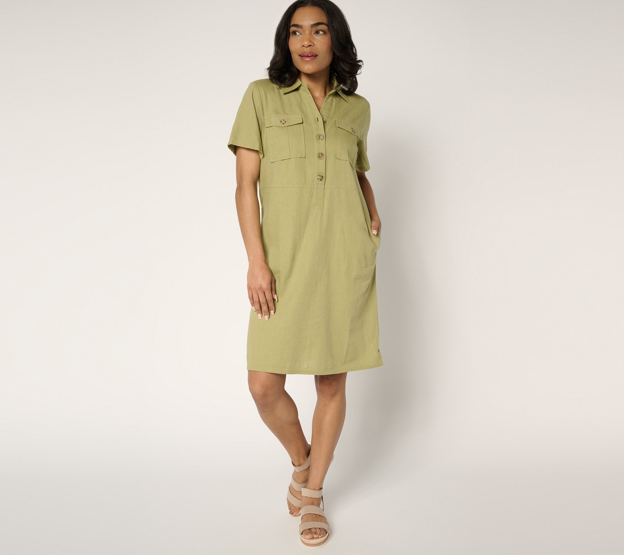 "As Is" Denim & Co. Regular Linen Blend Print or Solid Henley Dress