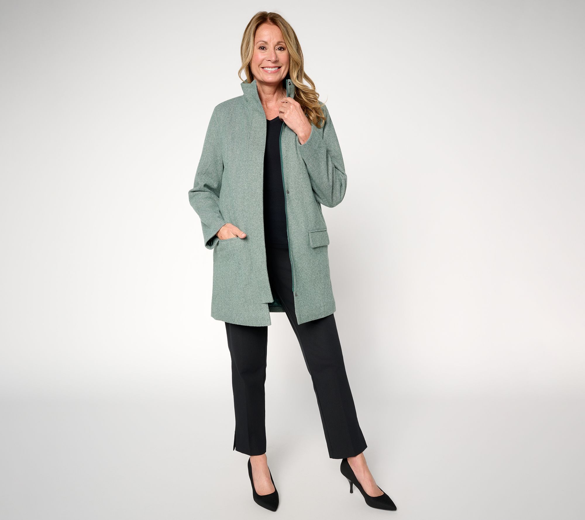  Susan Graver Herringbone Duffle Coat with Quilted Lining