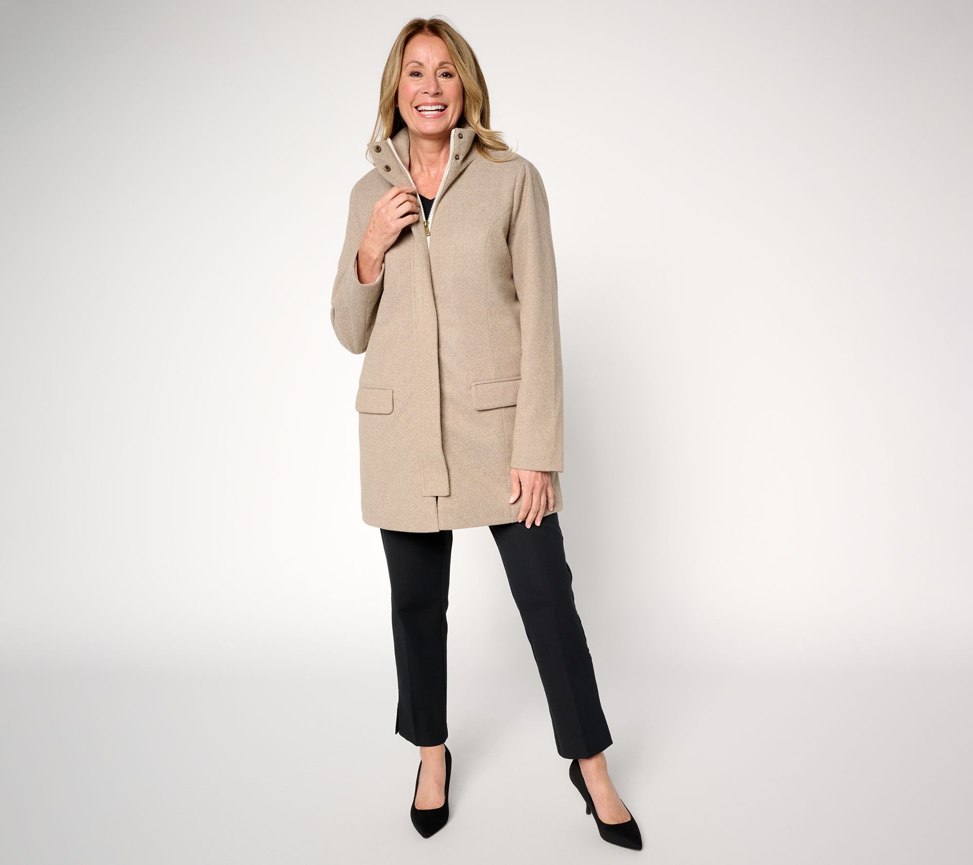 Susan Graver Herringbone Duffle Coat with Quilted Lining