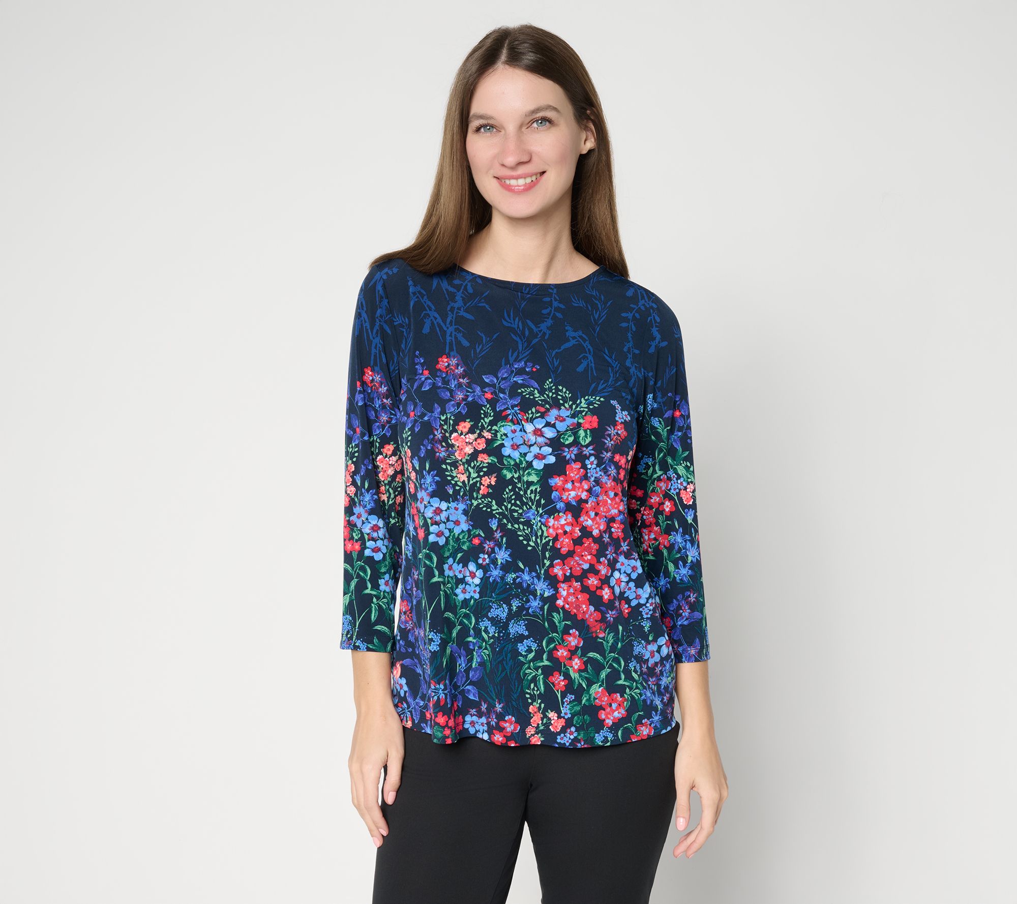 Susan Graver Printed Liquid Knit 3/4-Sleeve A-Line Top