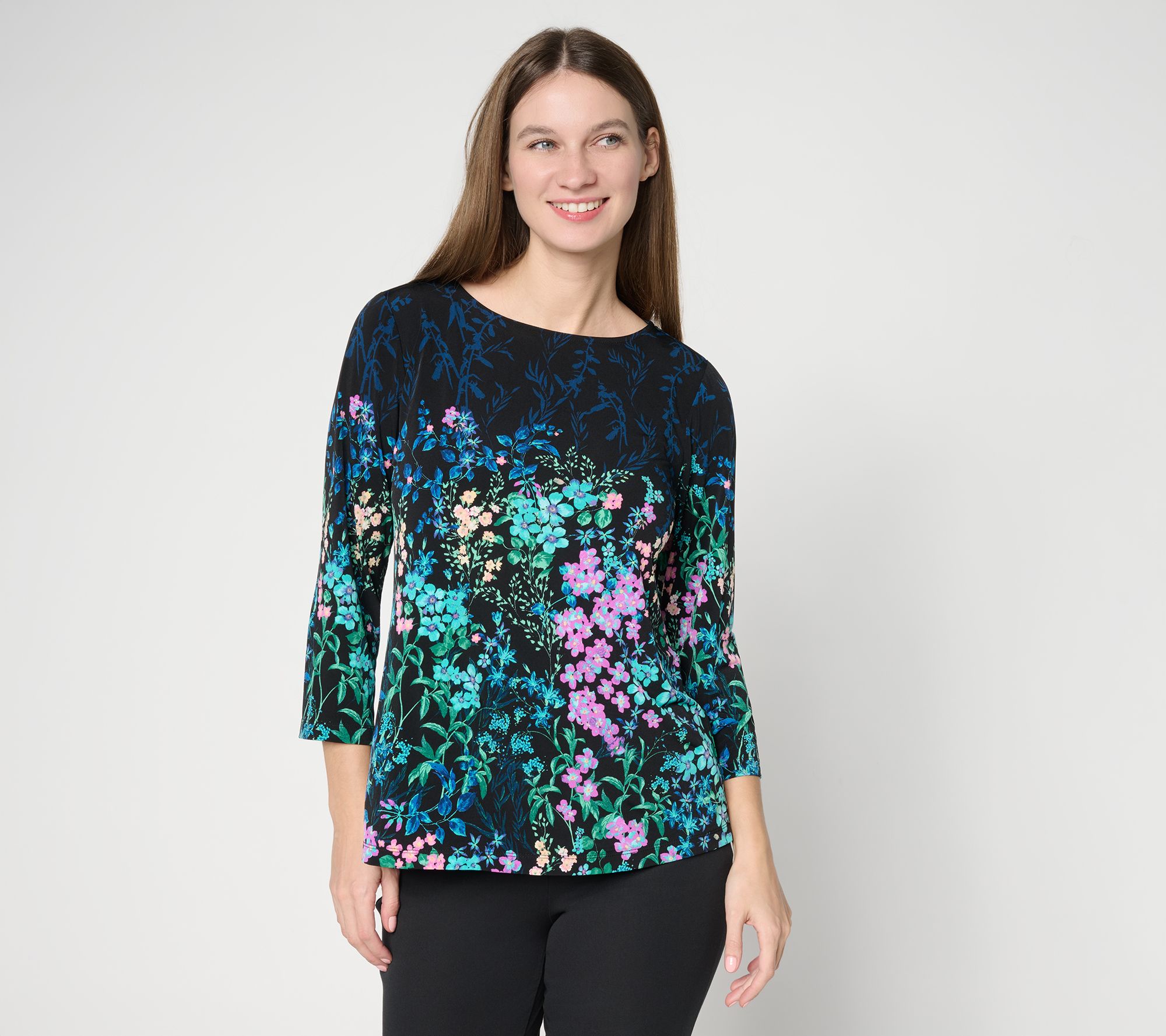 Susan Graver Printed Liquid Knit 3/4-Sleeve A-Line Top