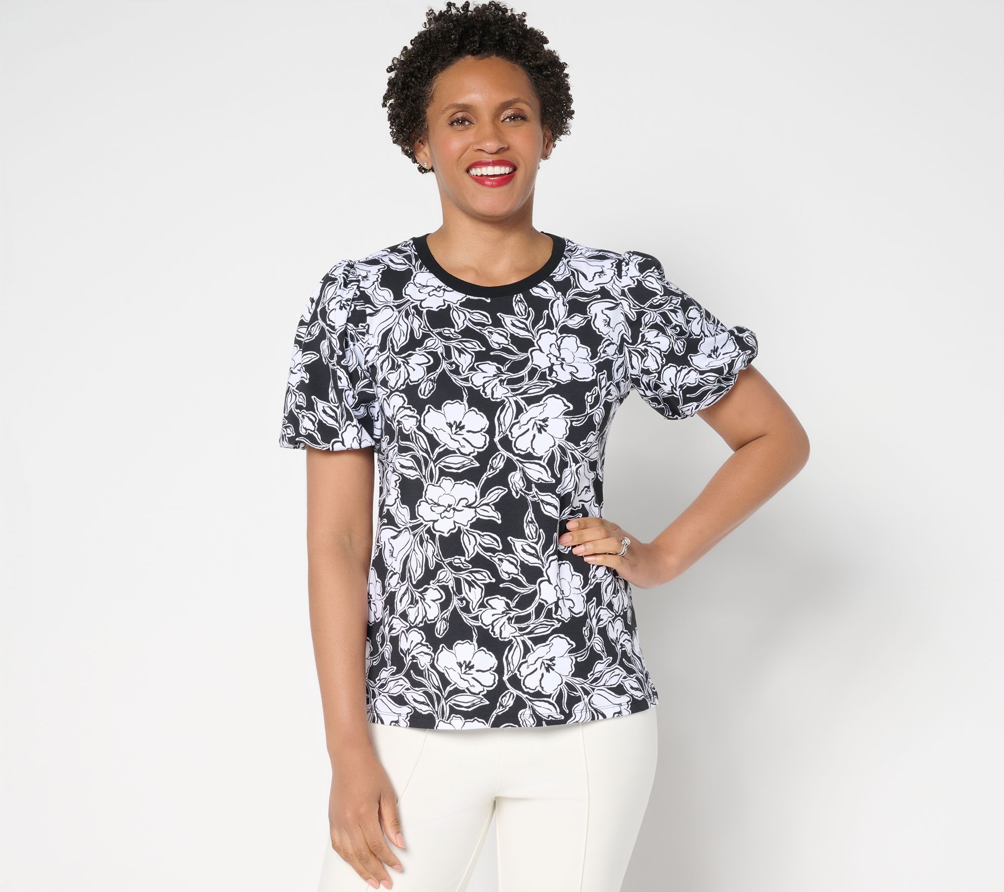 "As Is" Isaac Mizrahi Live! Printed A-La-Modal Puff Sleeve Top
