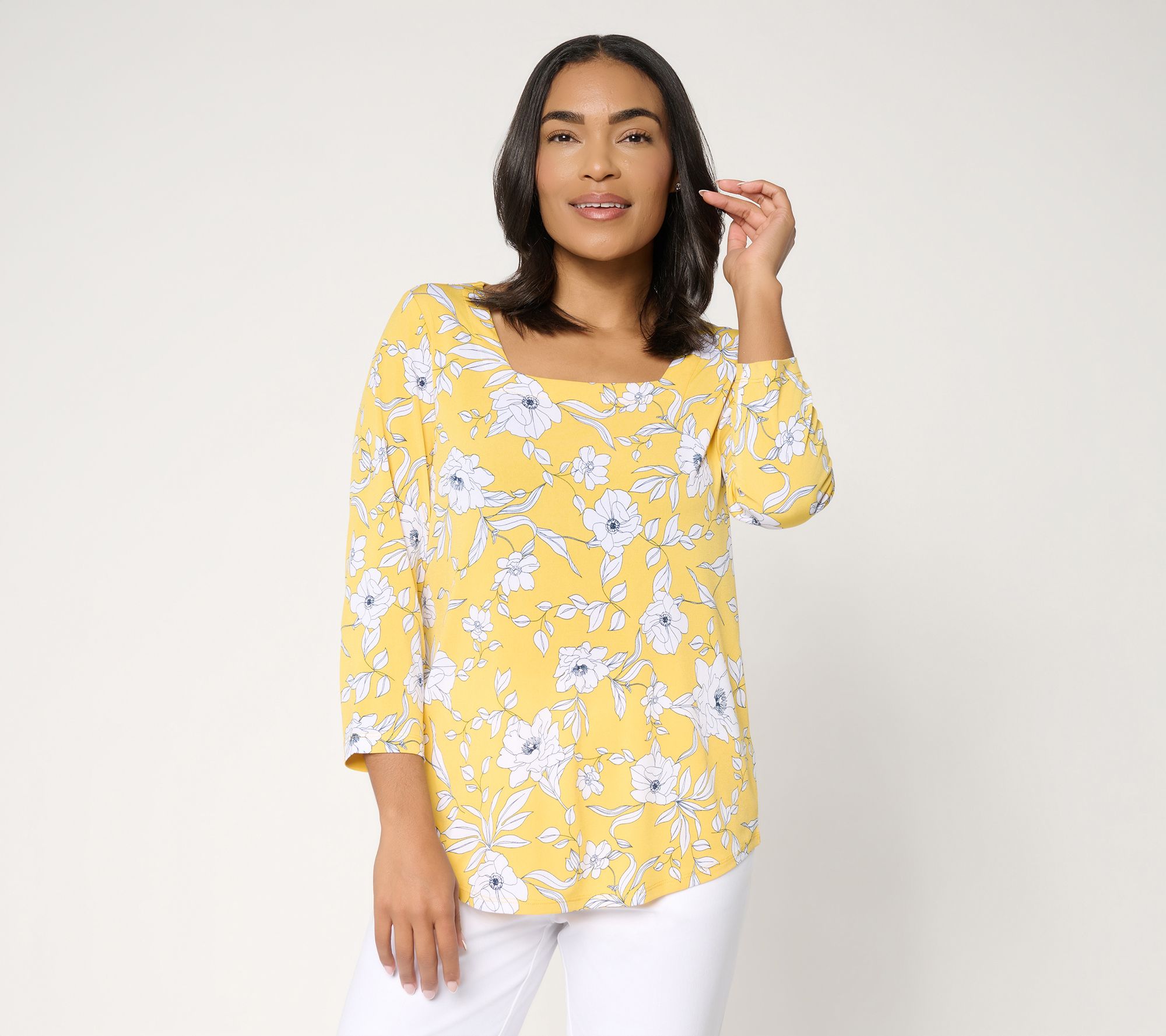  Susan Graver Printed Liquid Knit Square Neck Top w/Shirttail Hem