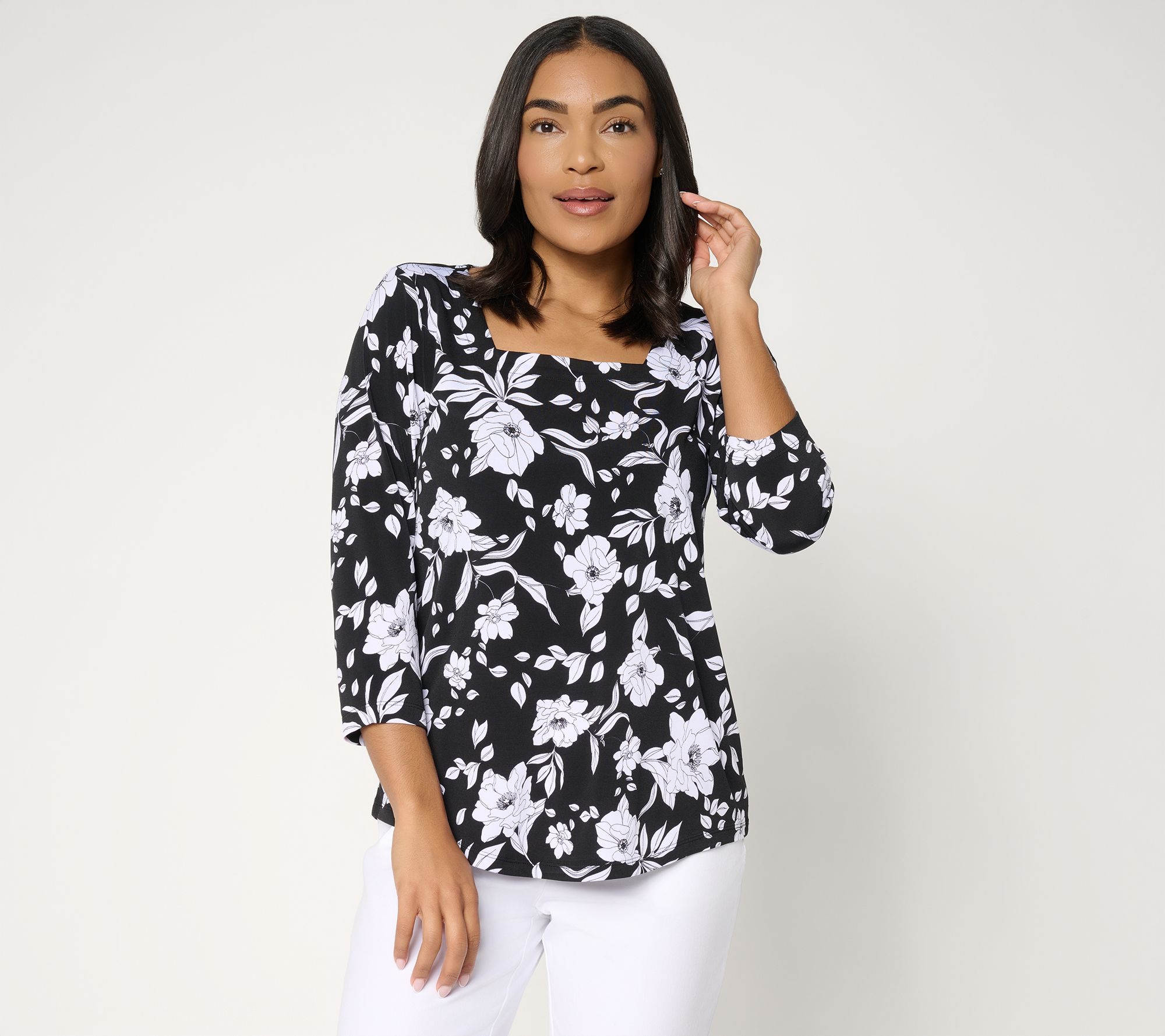 Susan Graver Printed Liquid Knit Square Neck Top w/Shirttail Hem