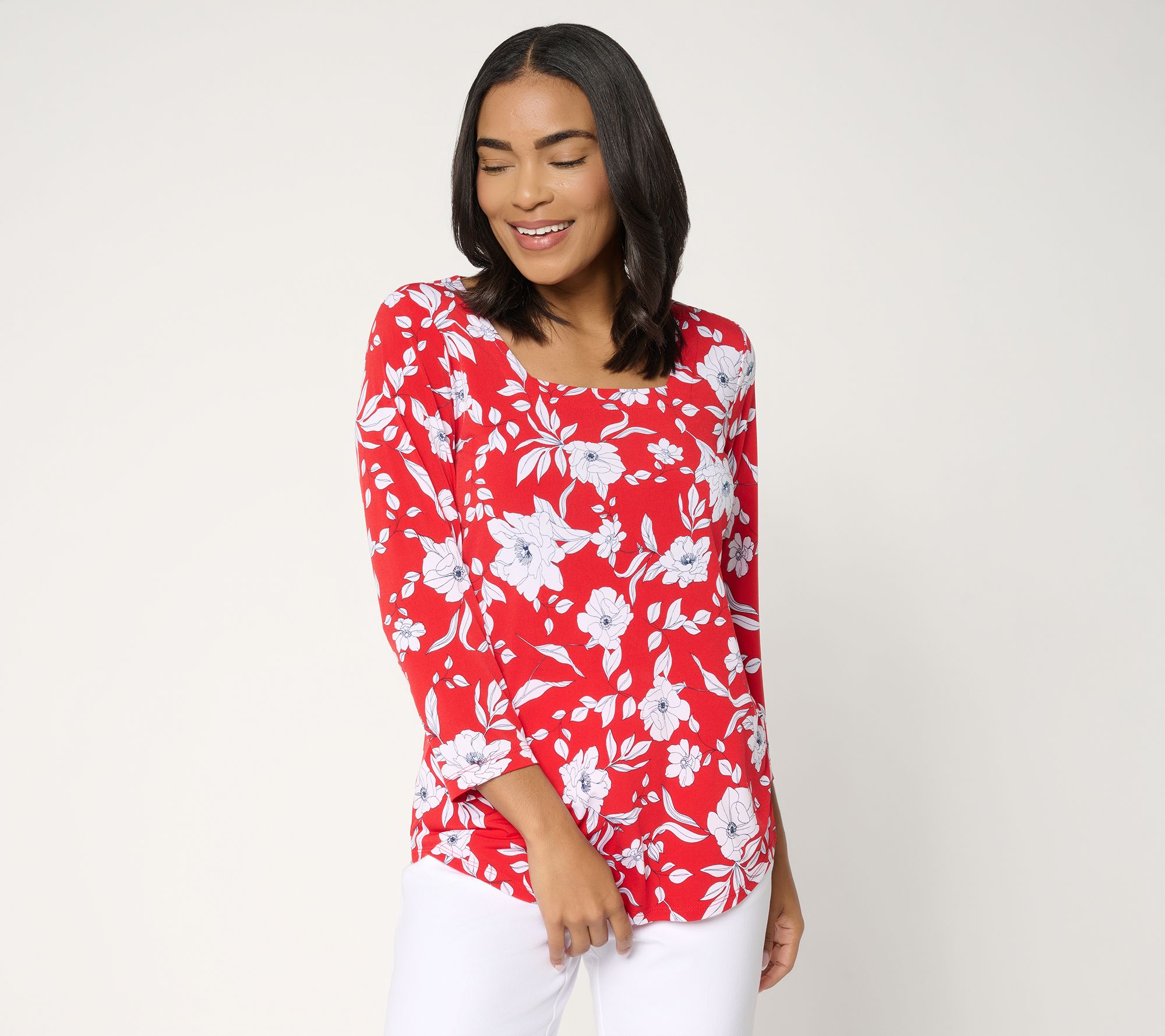 Susan Graver Printed Liquid Knit Square Neck Top w/Shirttail Hem