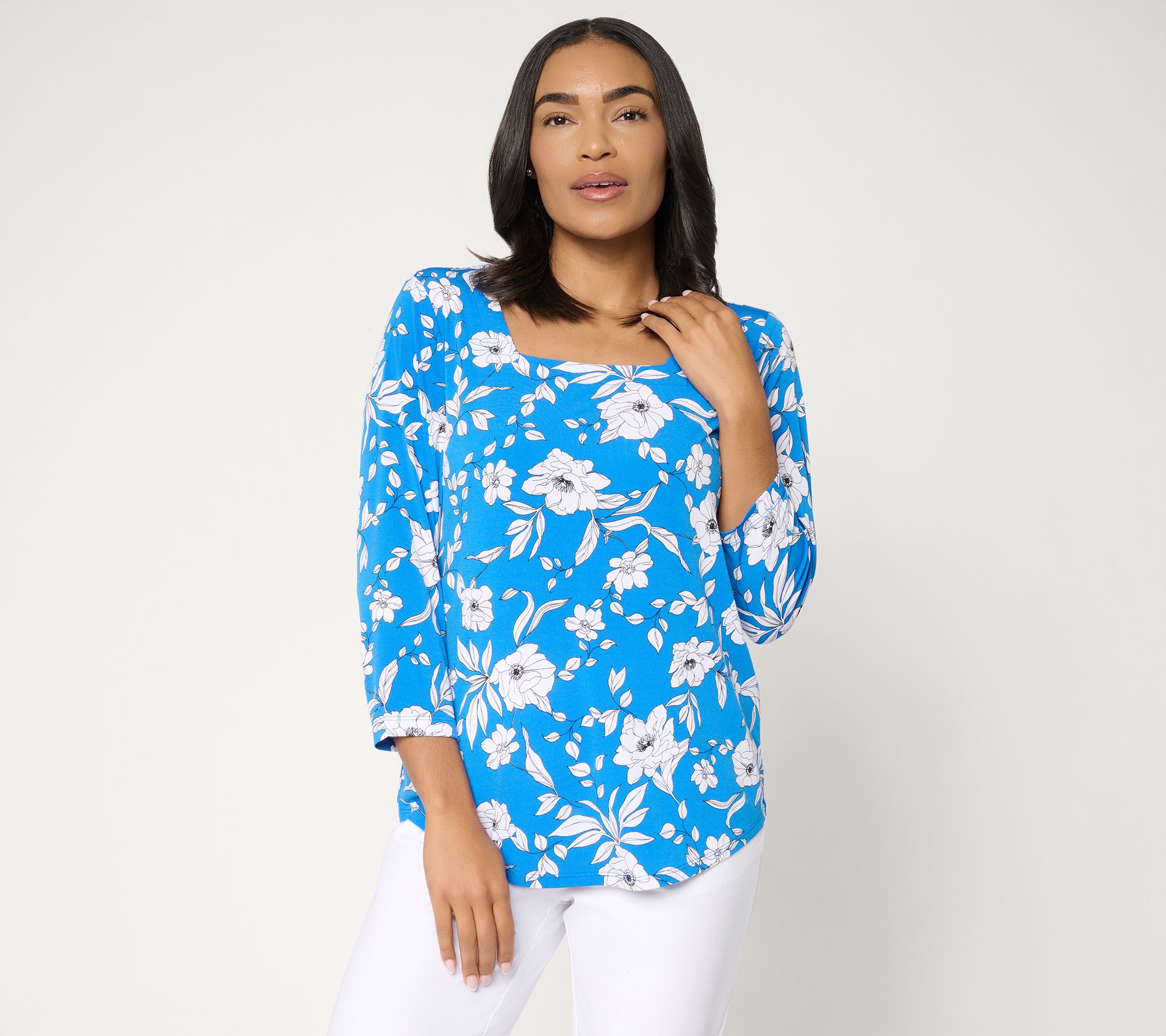 Susan Graver Printed Liquid Knit Square Neck Top w/Shirttail Hem