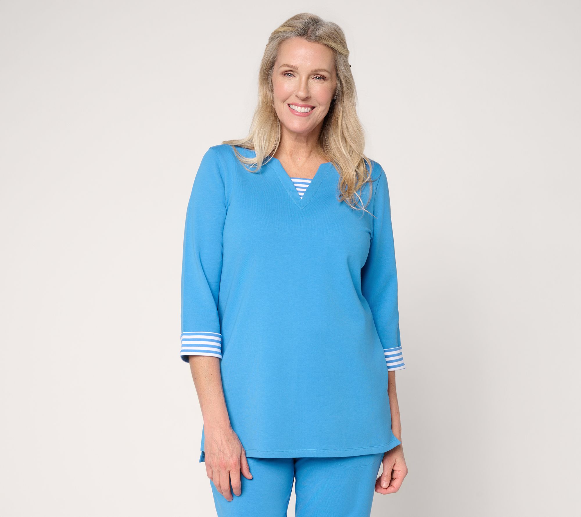 Denim & Co. Active Petite French Terry Split Neck Tunic