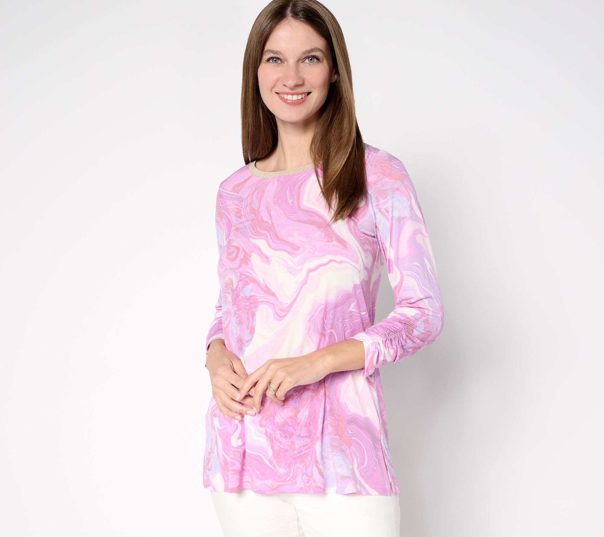 "As Is" Susan Graver Petite Printed Liquid Knit A-Line Tunic w/ Rib