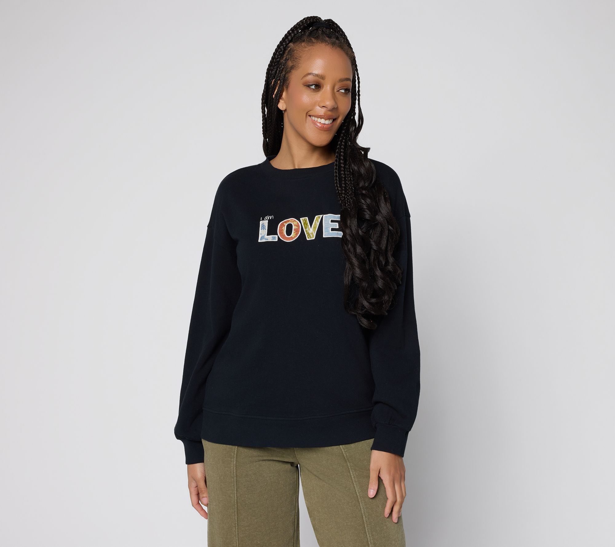 Peace Love World Affirmation Applique Crew Neck Pullover