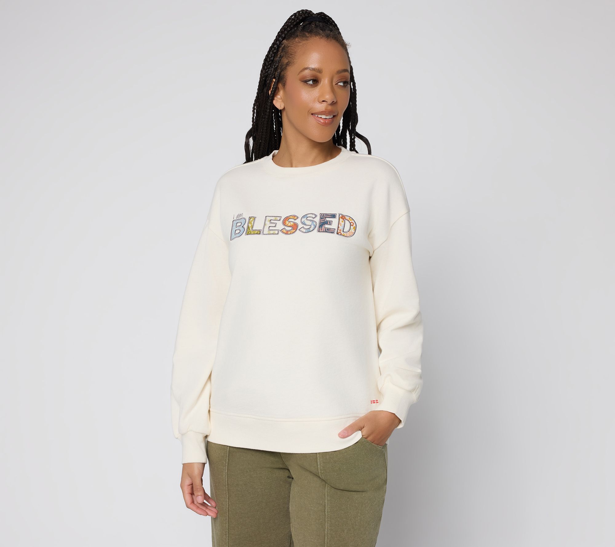Peace Love World Affirmation Applique Crew Neck Pullover