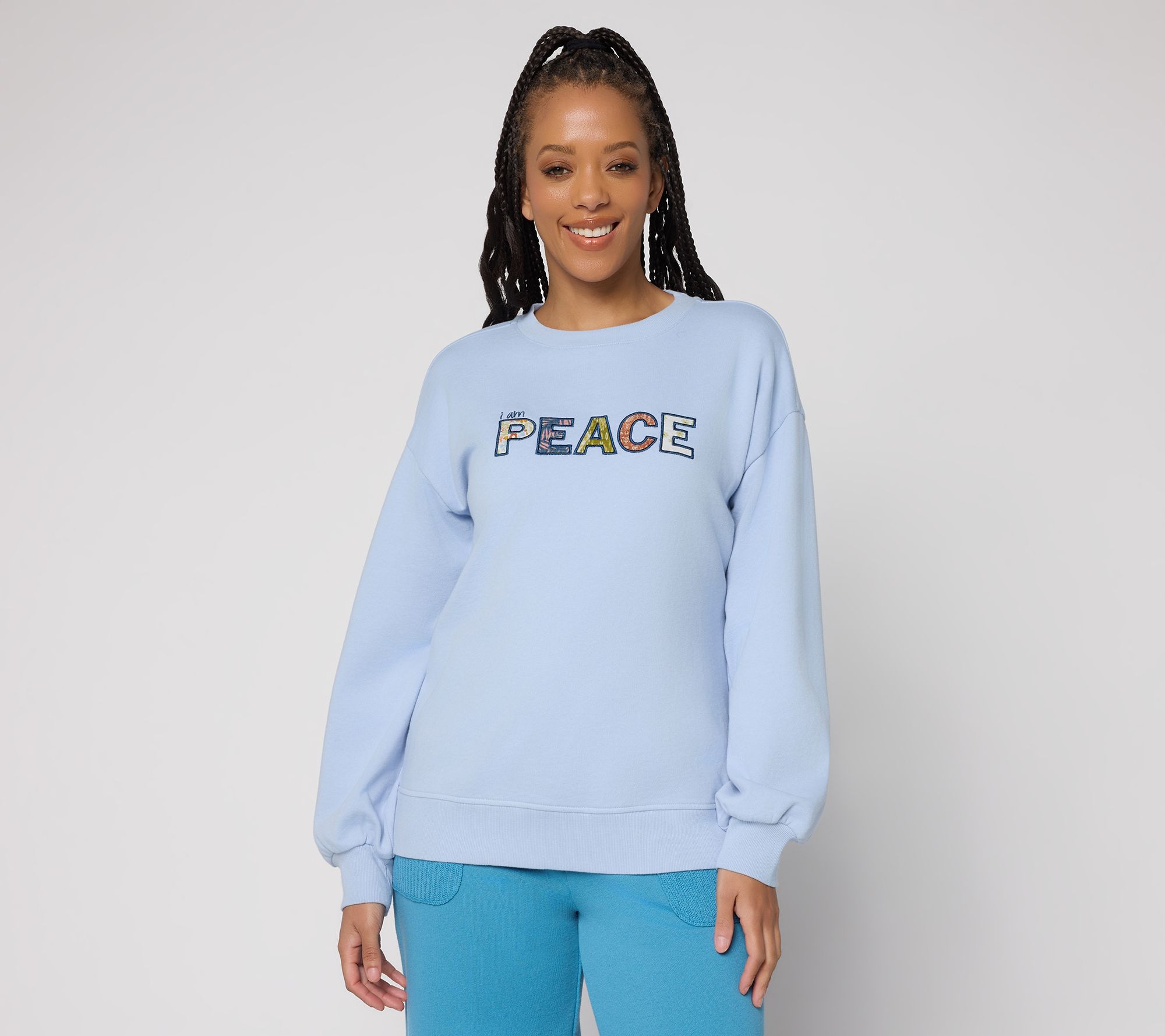 Peace Love World Affirmation Applique Crew Neck Pullover