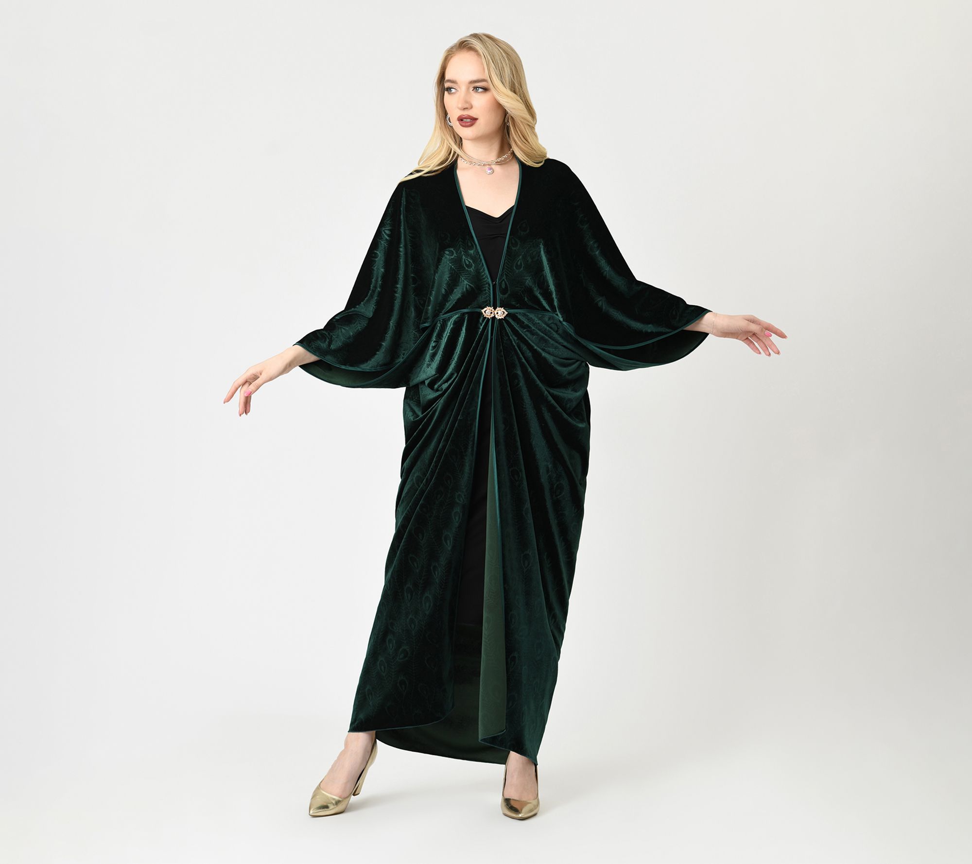 Unique Vintage Emerald Peacock Velvet Long Kimono
