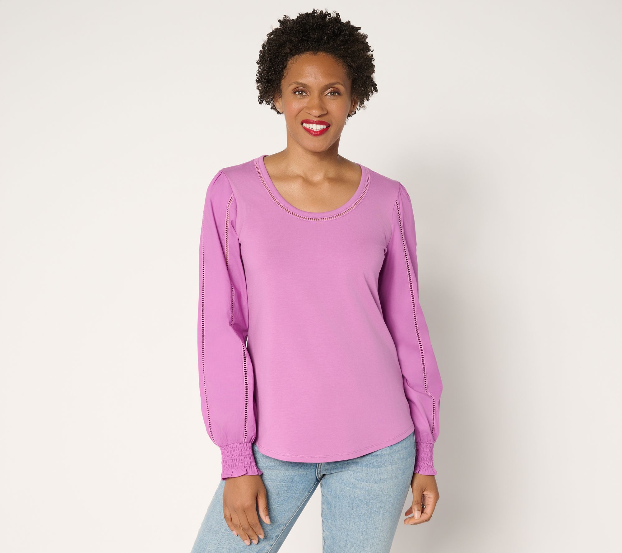 "As Is" Ree by The Pioneer Woman ScoopNeck Eyelet Mixed Media Knit Top