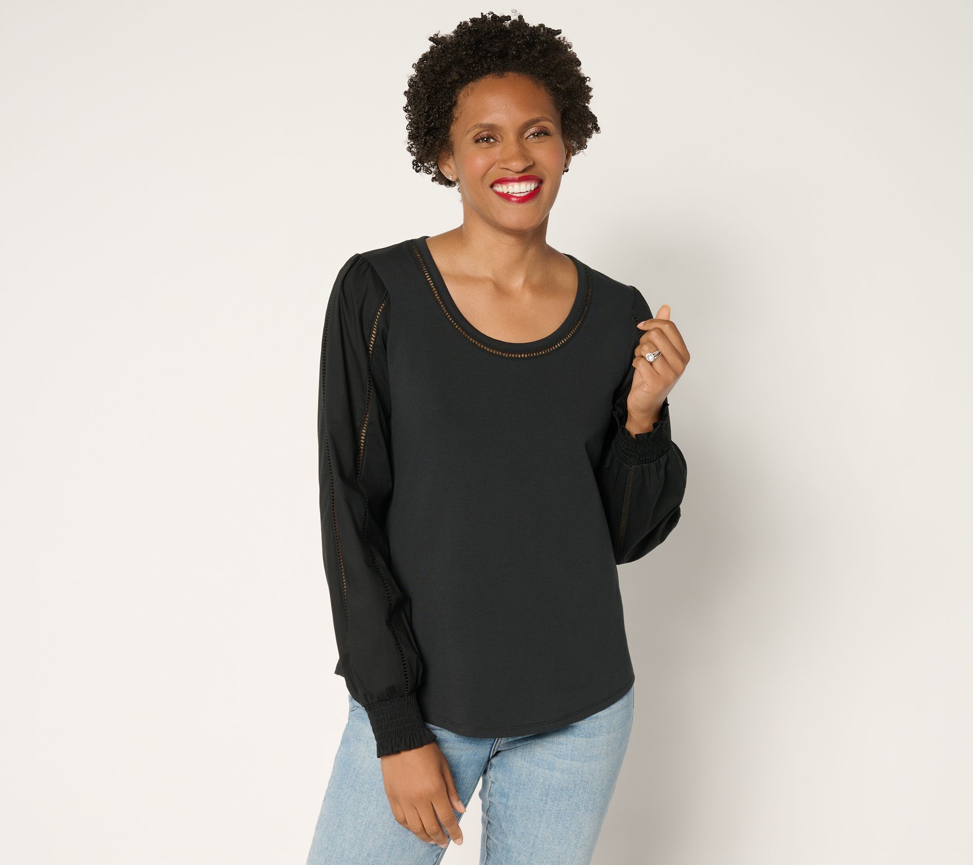 "As Is" Ree by The Pioneer Woman ScoopNeck Eyelet Mixed Media Knit Top