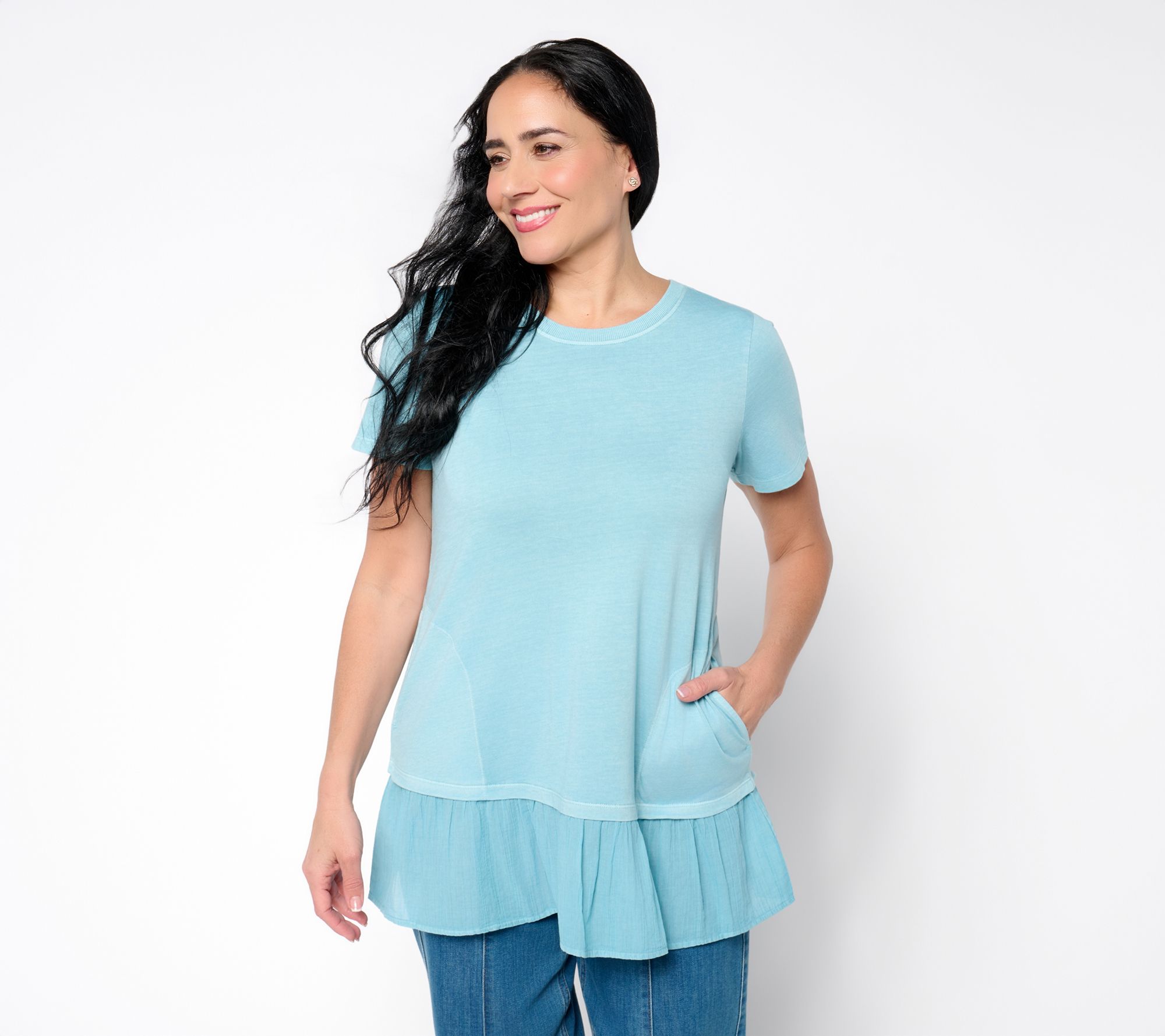 LOGO by Lori Goldstein Reg Mixed Media Short Sleeve Tunic