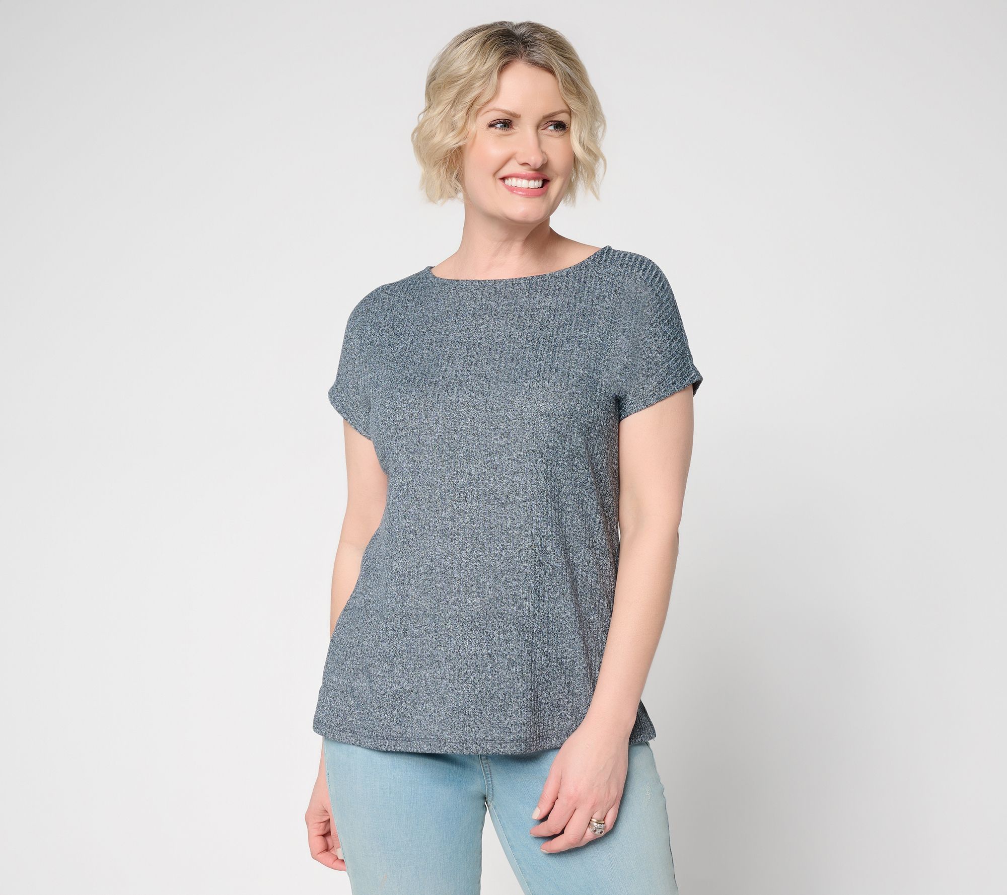 Denim & Co. Novelty Knit Boat Neck Short Sleeve Dolman Top