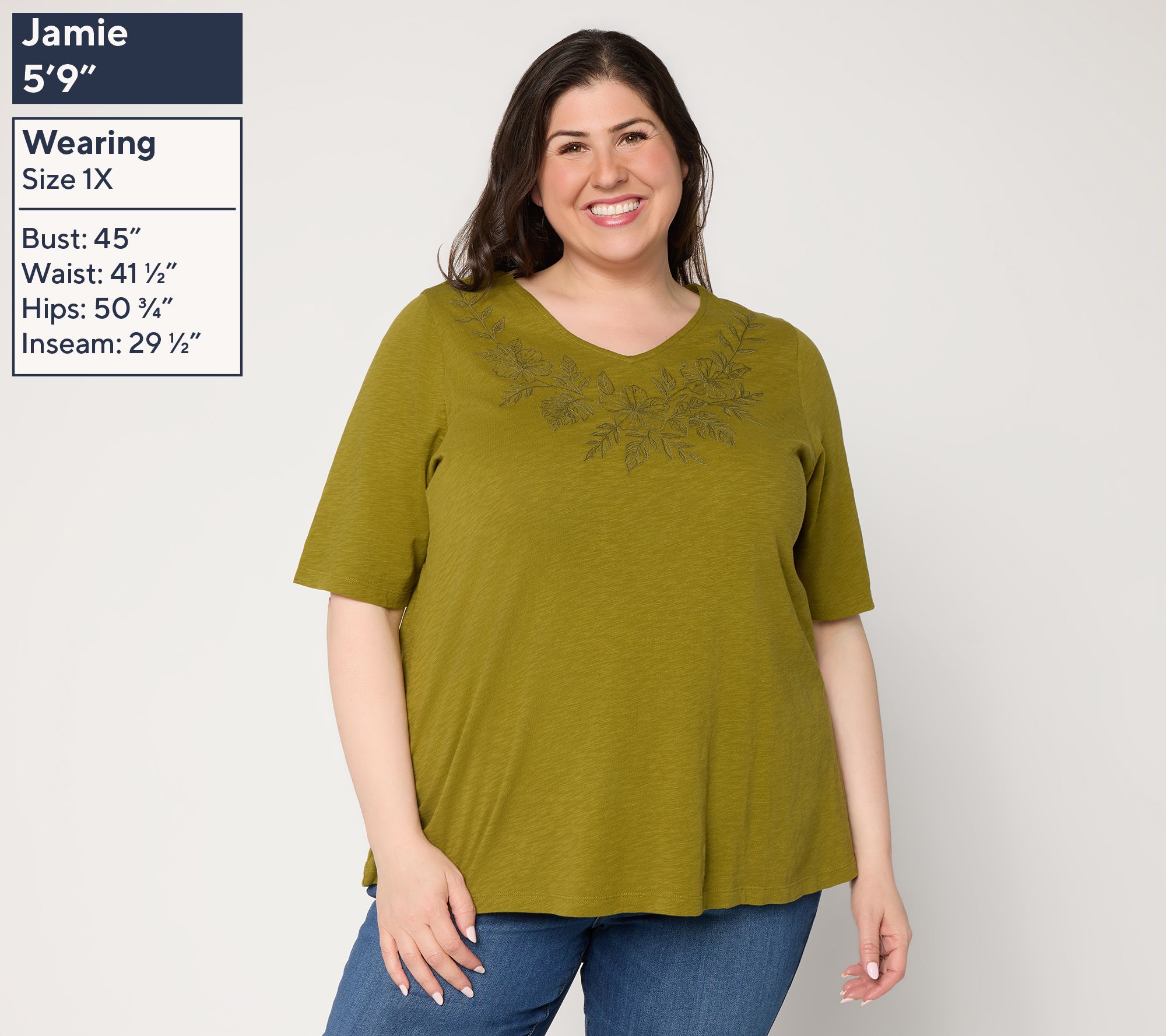 Denim & Co. Embroidered Slub Jersey V-Neck Swing Top - QVC.com