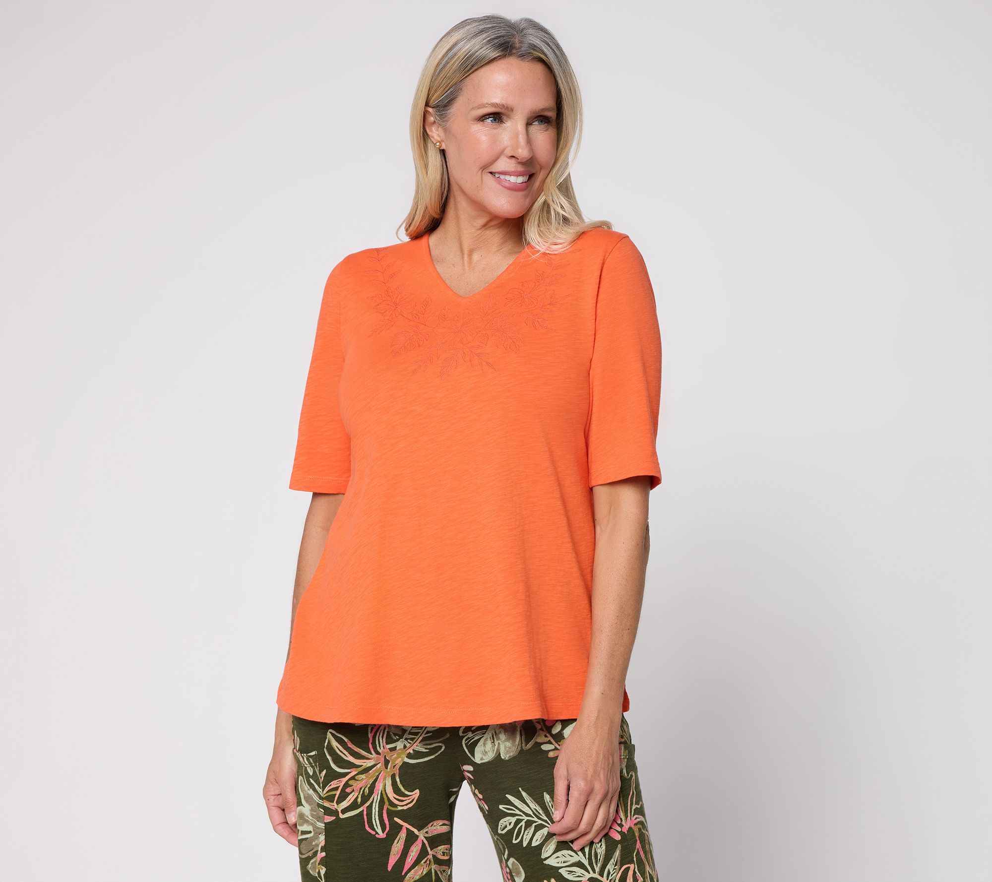 Denim & Co. Embroidered Slub Jersey V-Neck Swing Top