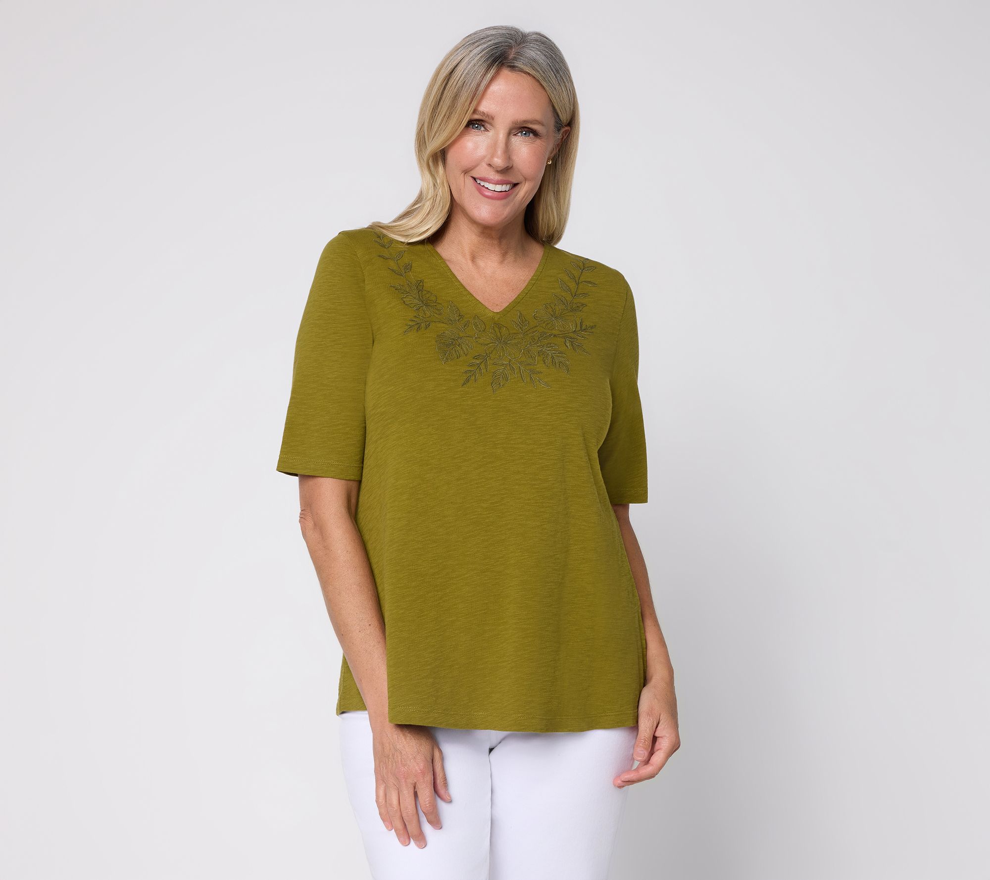 Denim & Co. Embroidered Slub Jersey V-Neck Swing Top