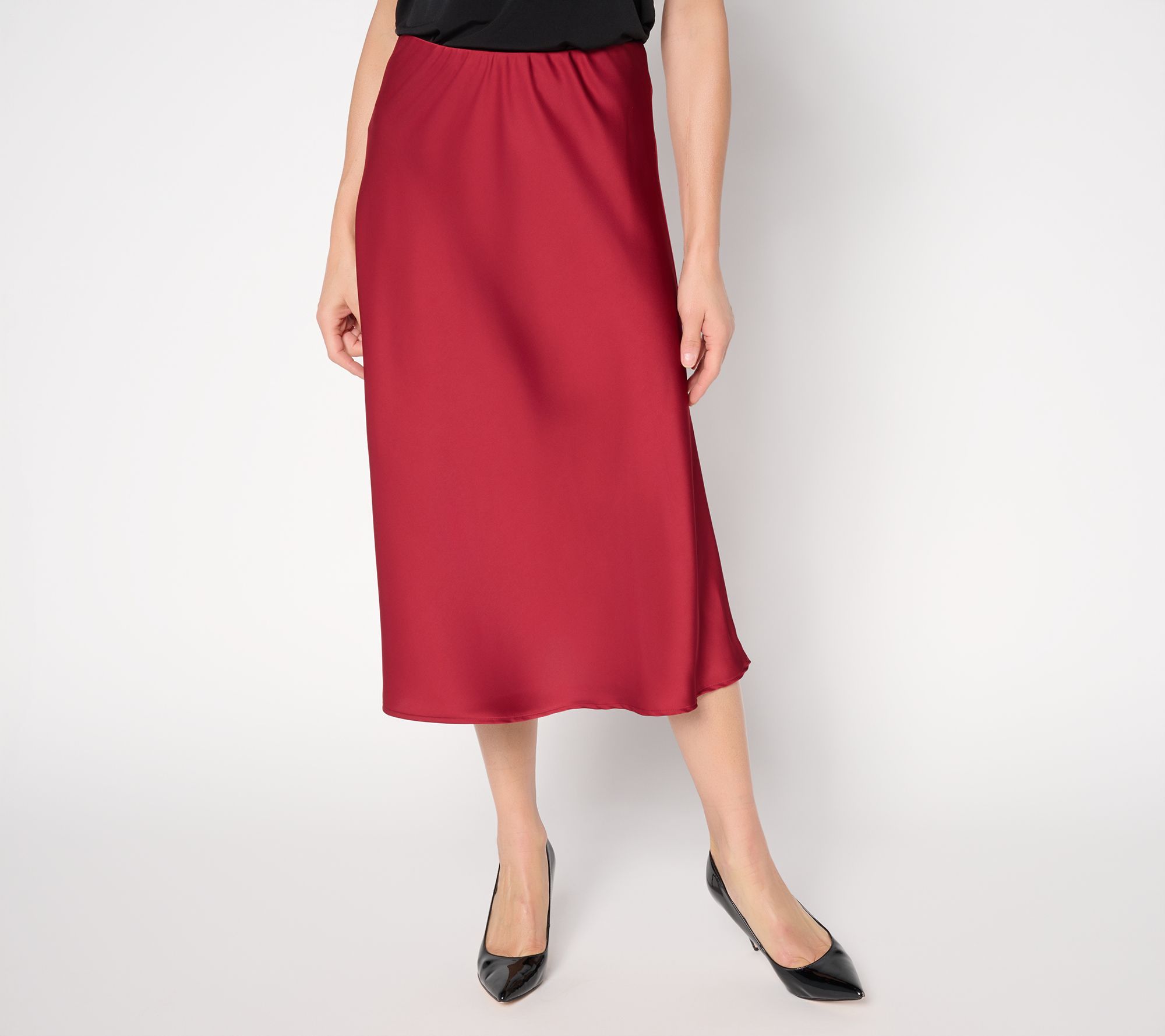 "As Is" Susan Graver Petite Satin Pull-On Midi Skirt