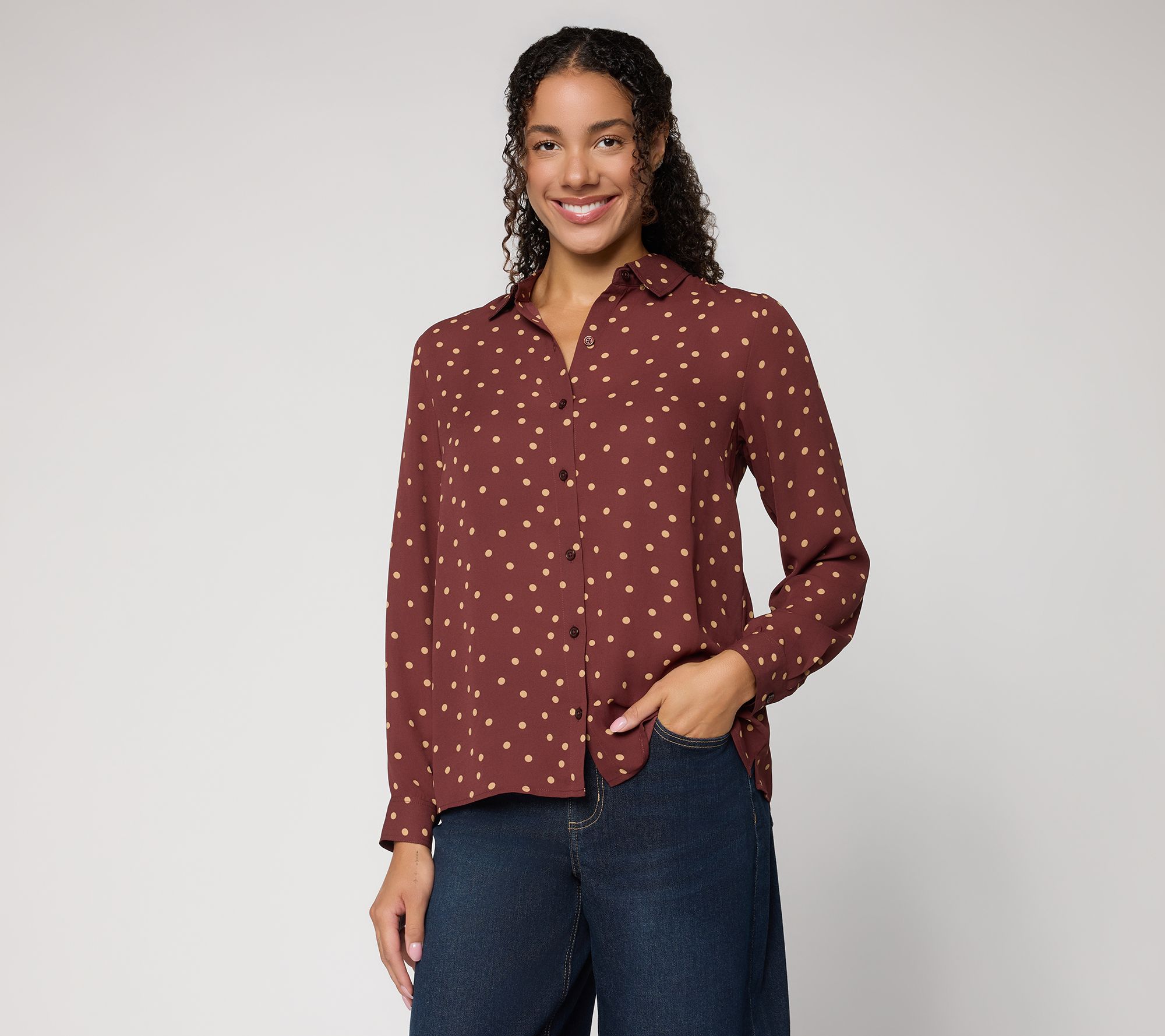 Joan Rivers Georgette Button Front All Over Dot Woven Blouse