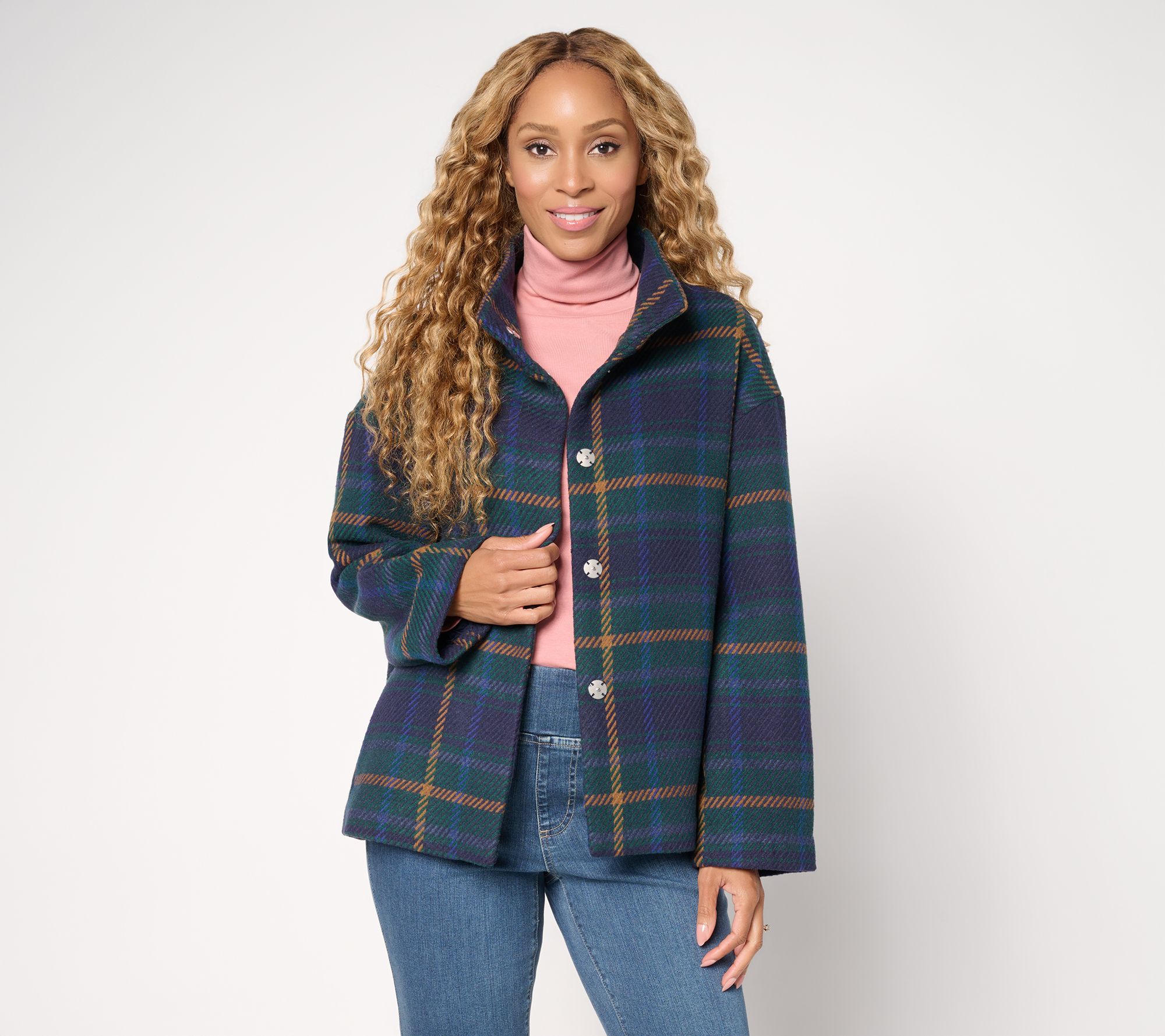 "As Is" Susan Graver Plaid Jacquard Woven Snap Front Jacket