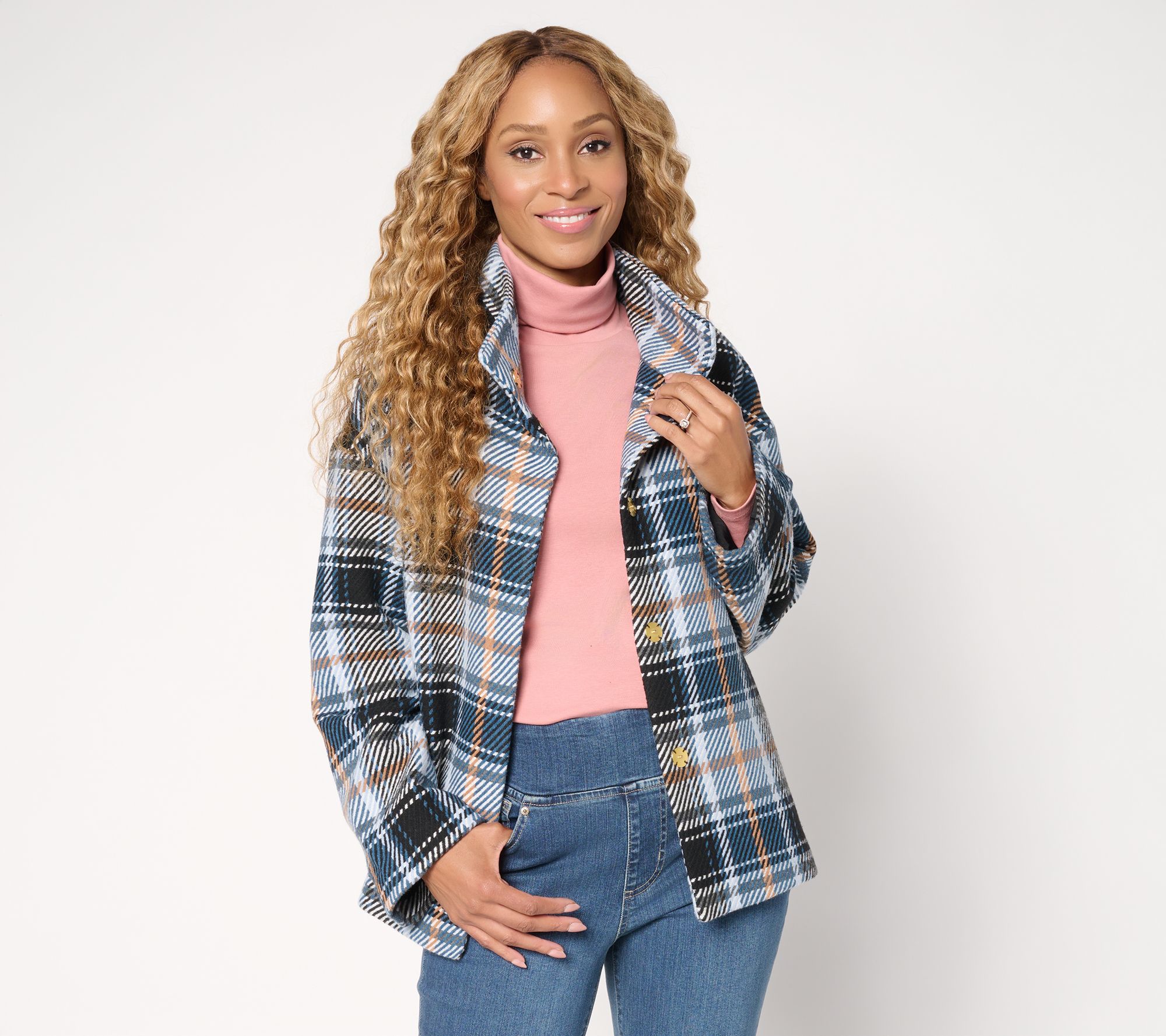 "As Is" Susan Graver Plaid Jacquard Woven Snap Front Jacket