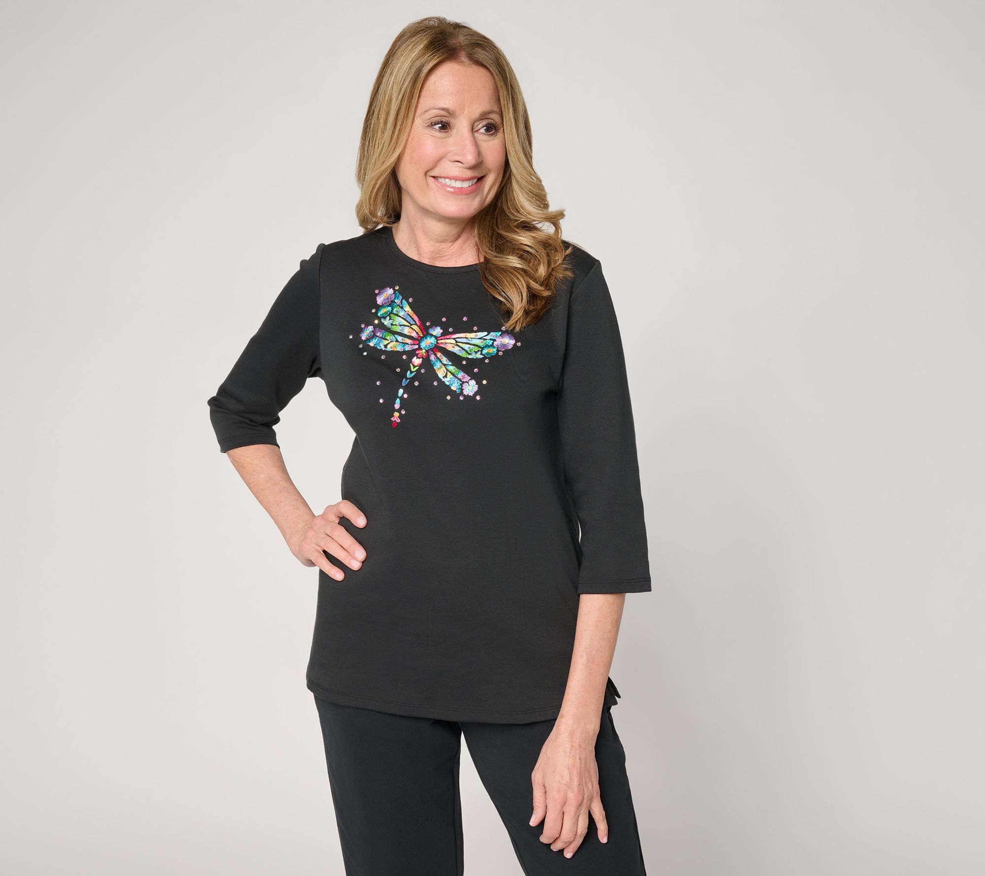 "As Is" Quacker Factory Dragonfly Wish Embroidered 3/4 Sleeve Top