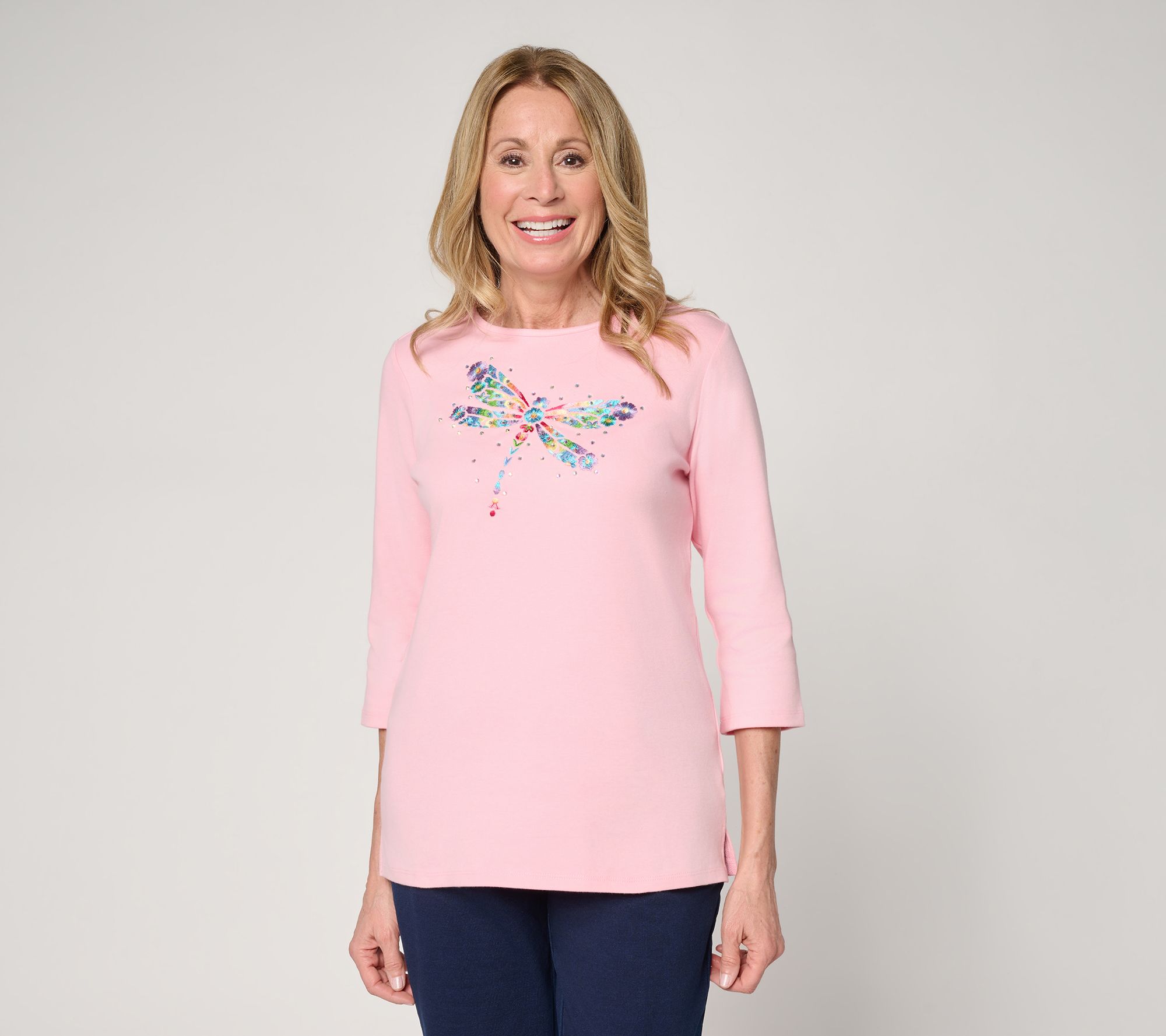 "As Is" Quacker Factory Dragonfly Wish Embroidered 3/4 Sleeve Top
