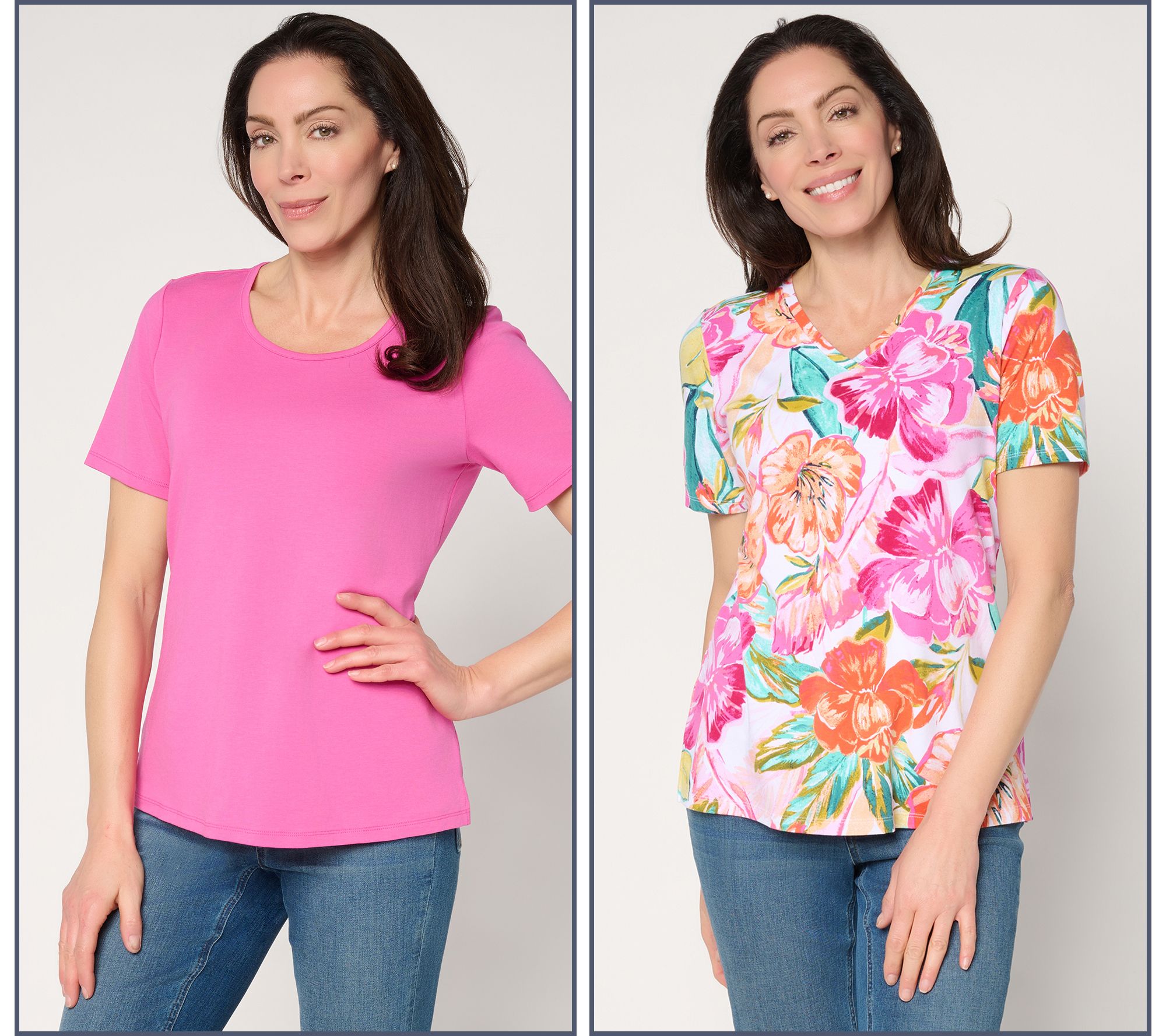 "As Is" Denim & Co. Beach Jersey 2-Pack Solid & Printed Short Slv Tops