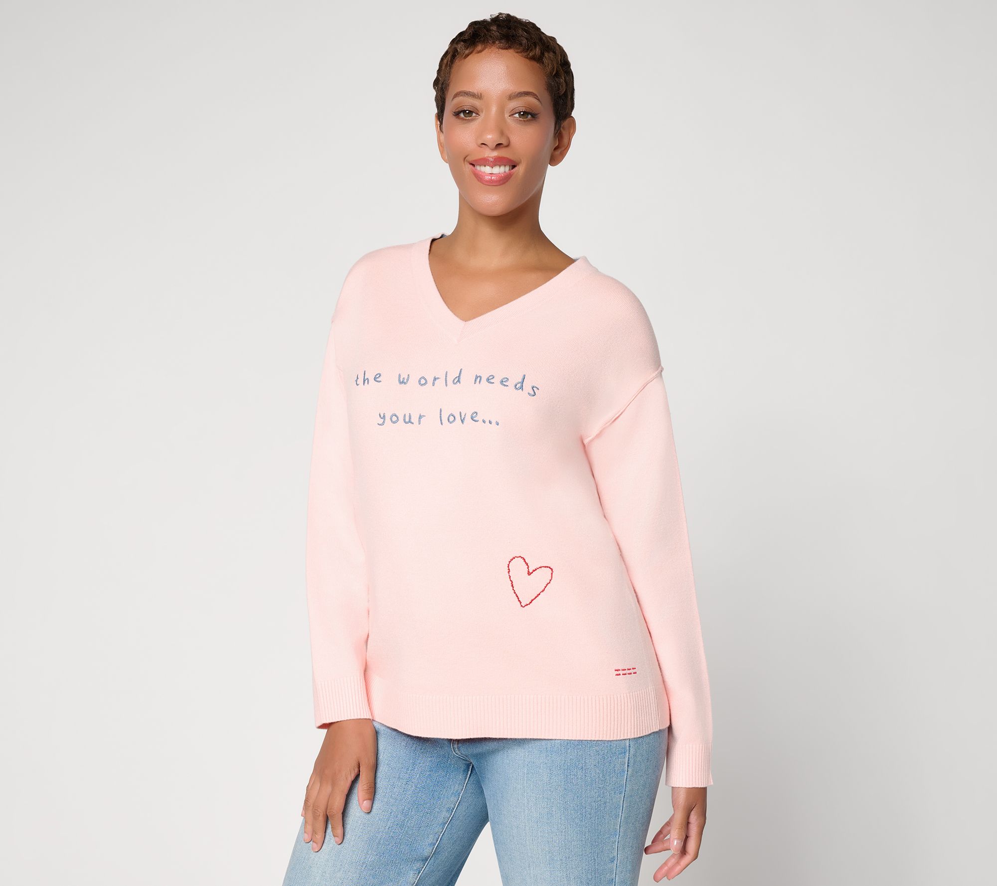 Peace Love World V-Neck Motif Pullover