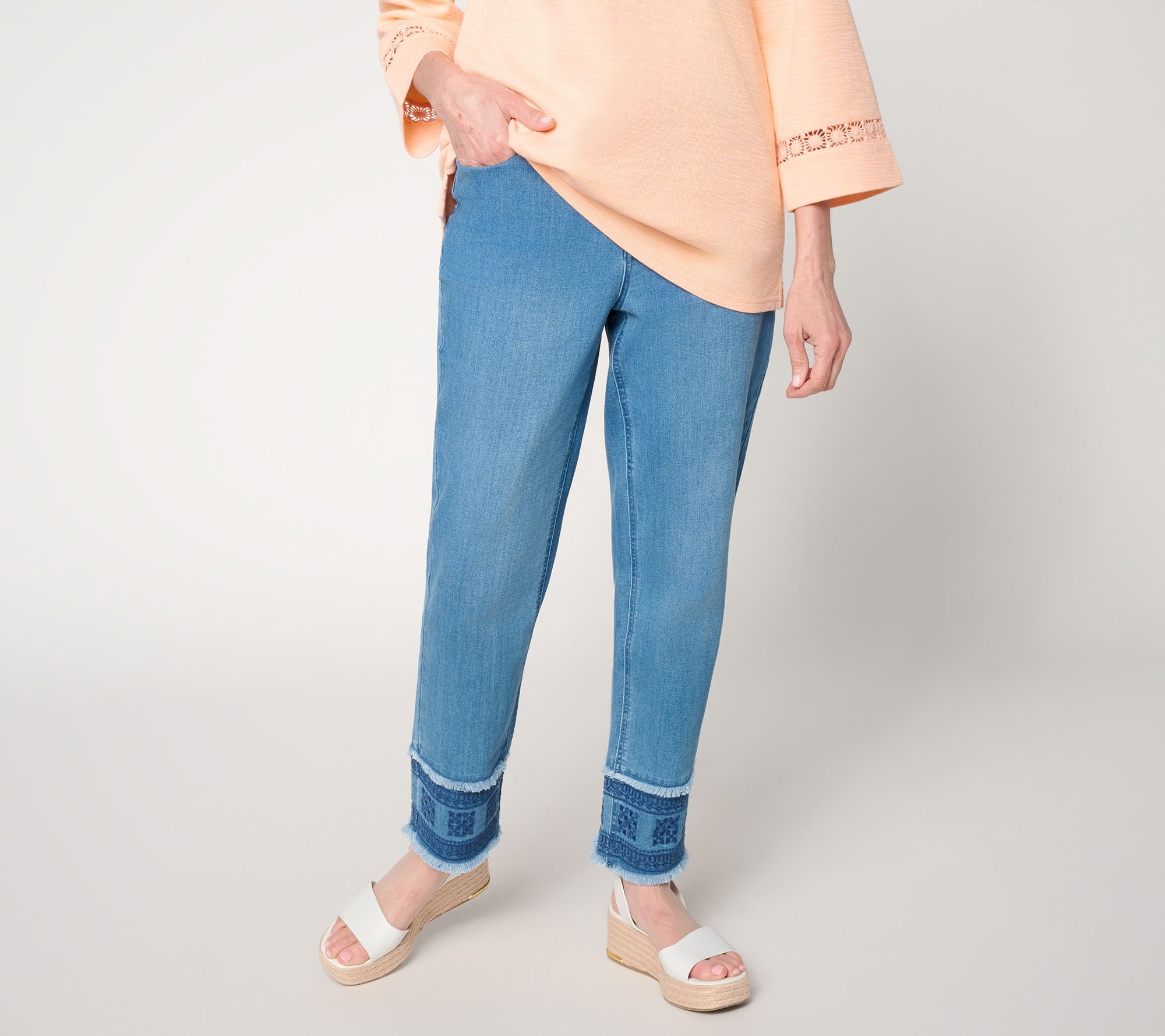 "As Is" Susan Graver Petite Stretch Denim Embroidered Hem Ankle Jean