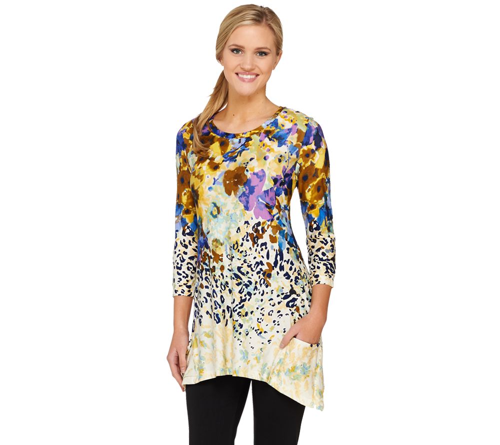 LOGO by Lori Goldstein 3/4 Sleeve Floral Animal Print Knit Top