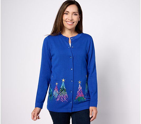 Quacker Factory Embroidered Sequin & Stud Tree Button Front Cardigan