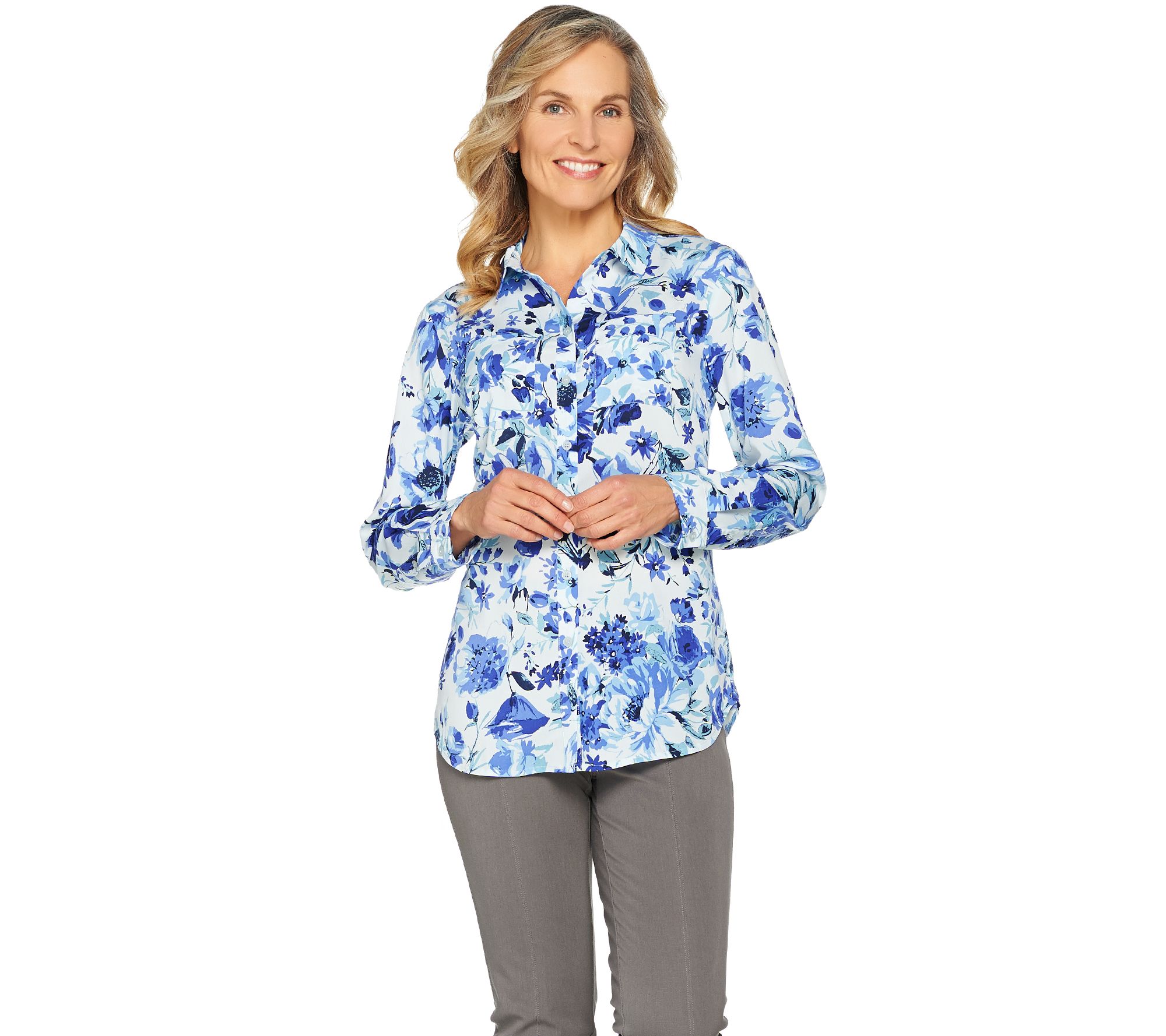 Isaac Mizrahi Live! Woven Button Front Tunic Blouse with Pockets - QVC.com