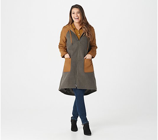 LOGO by Lori Goldstein Color Blocked Coat with Hood and Pockets