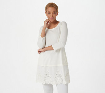 LOGO by Lori Goldstein Cotton Modal Top with Lace Hem - A395434