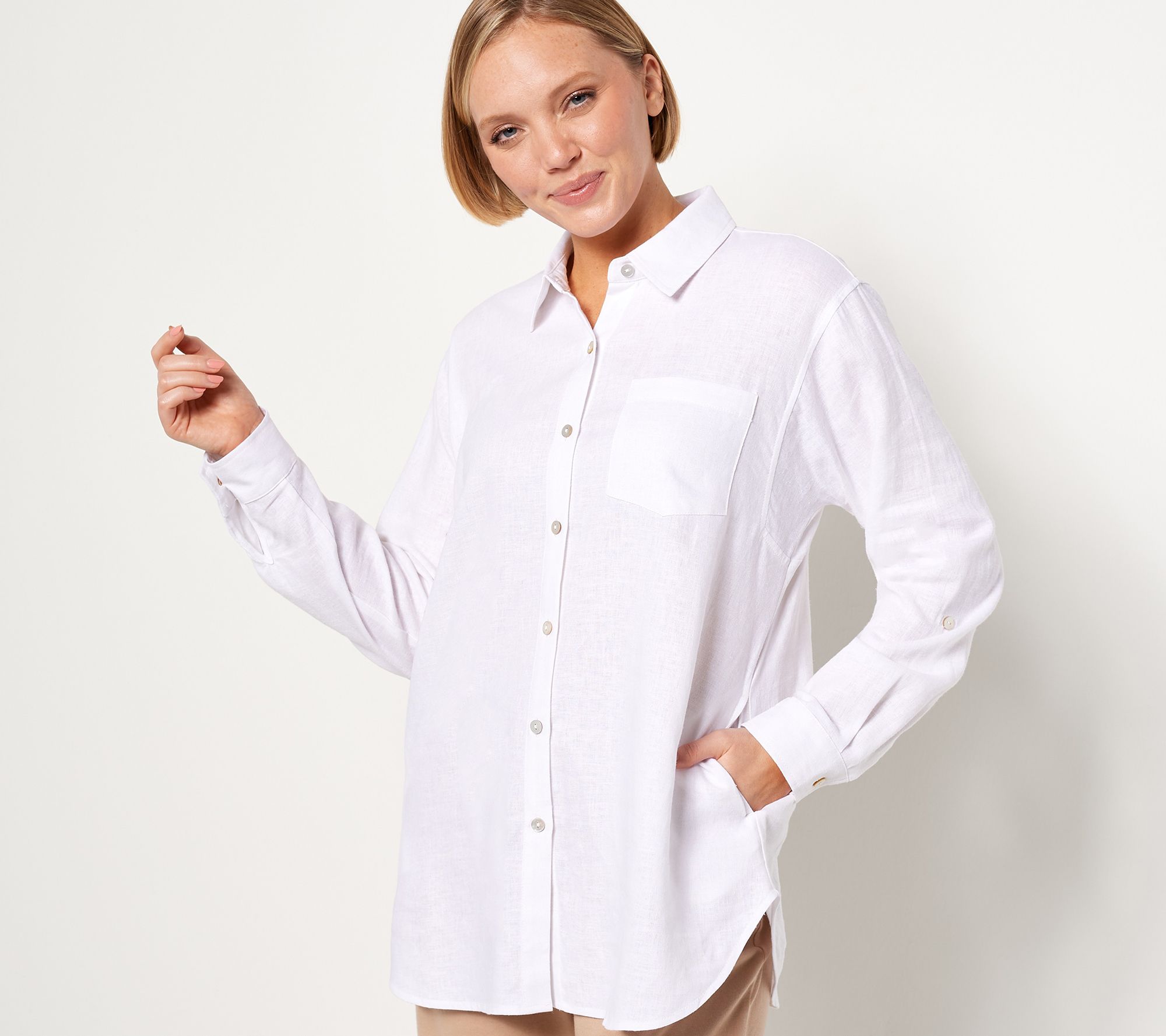 Susan Graver Pure Petite Cross-Dyed Linen Blend Tunic Shirt