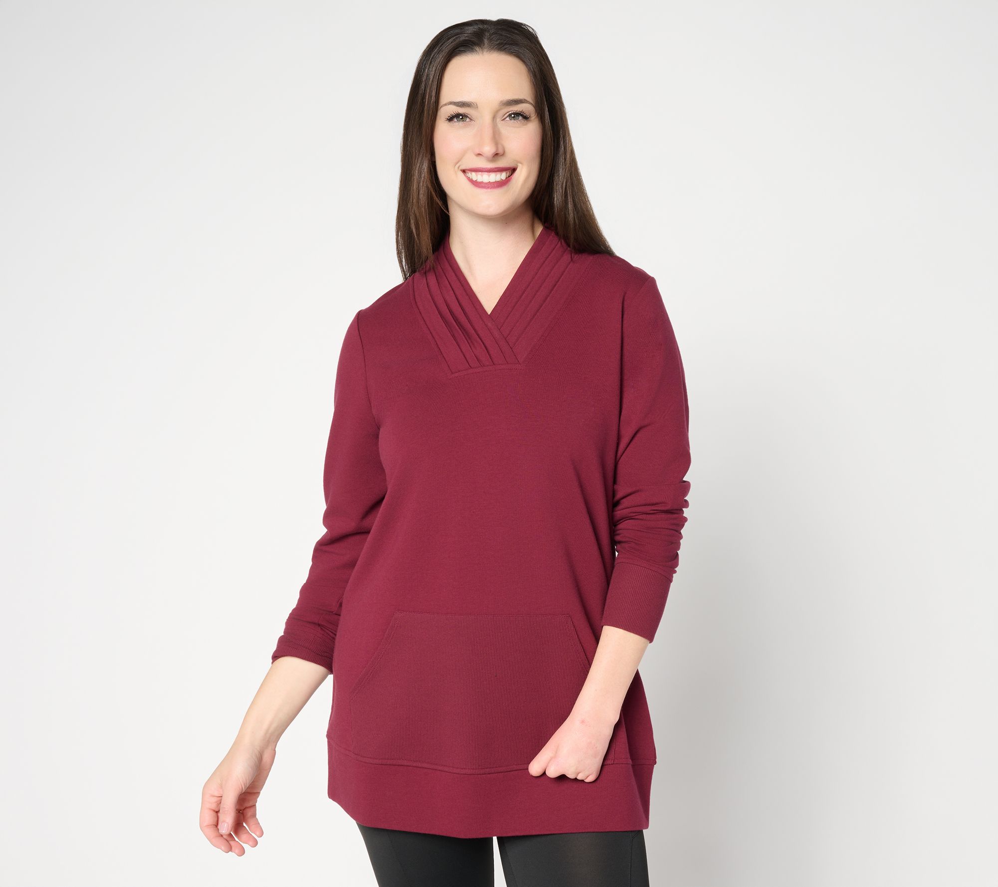 Denim & Co. Active Petite French Terry Pleated V-Neck Tunic