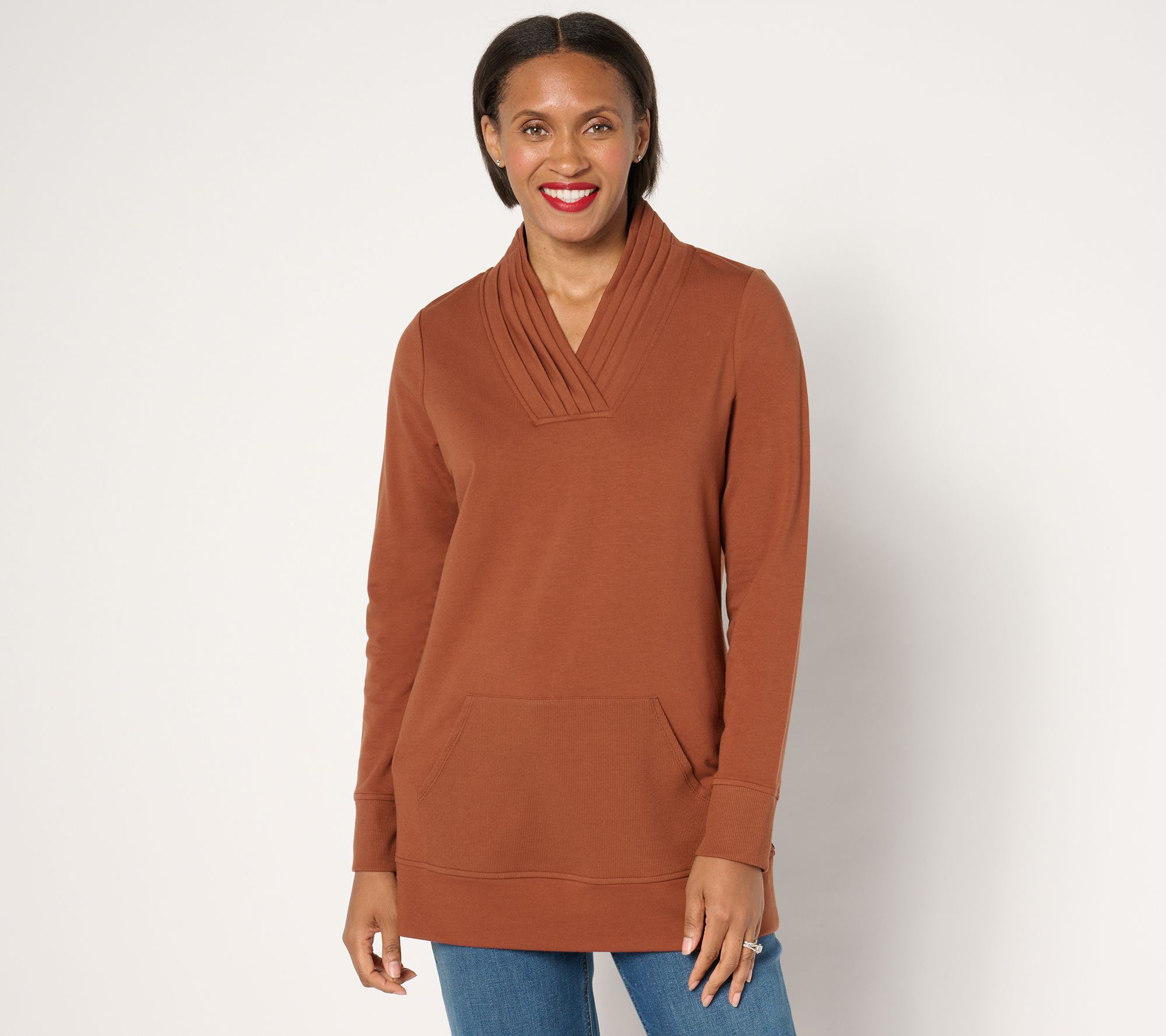 Denim & Co. Active Petite French Terry Pleated V-Neck Tunic
