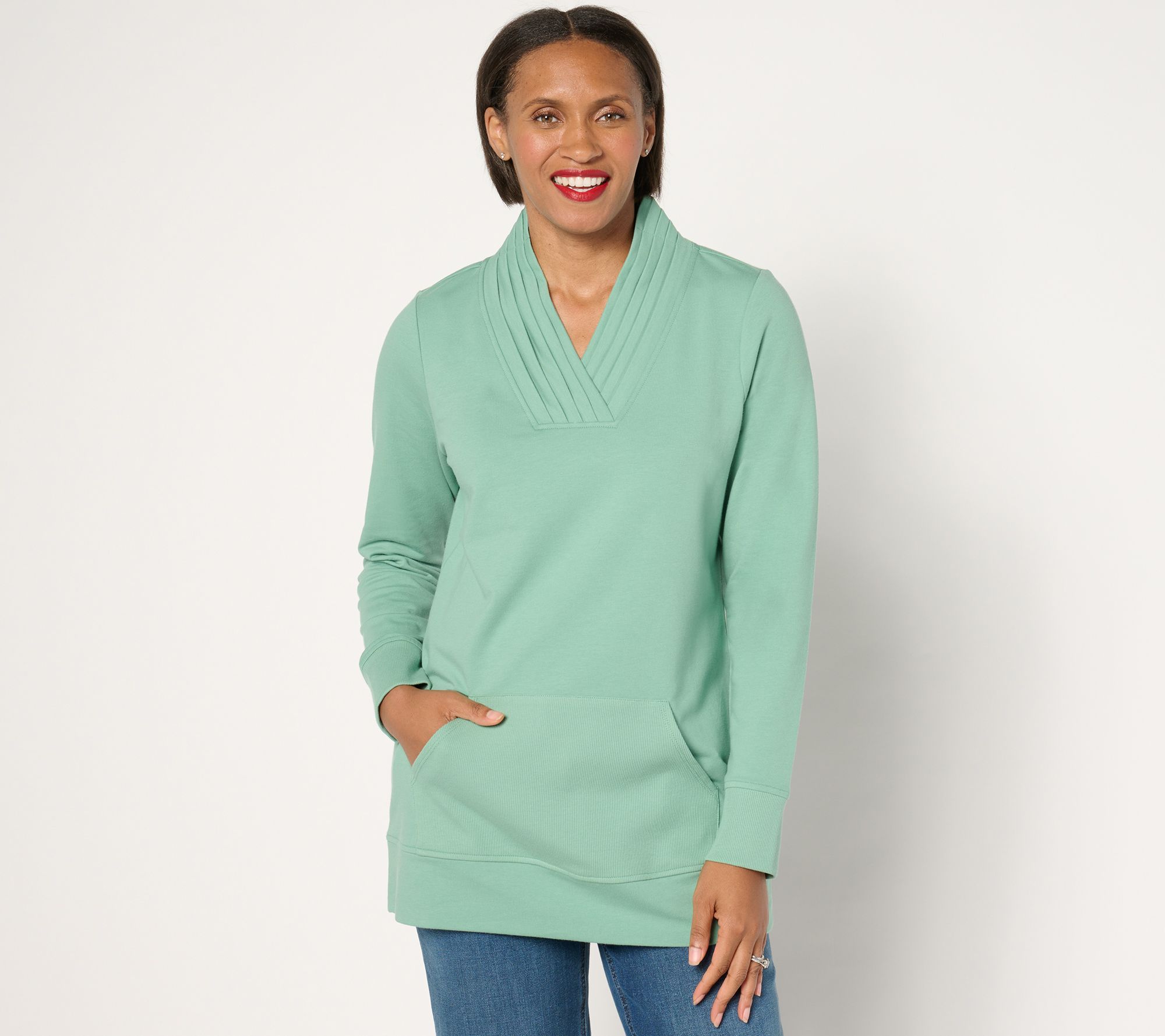 Denim & Co. Active Petite French Terry Pleated V-Neck Tunic